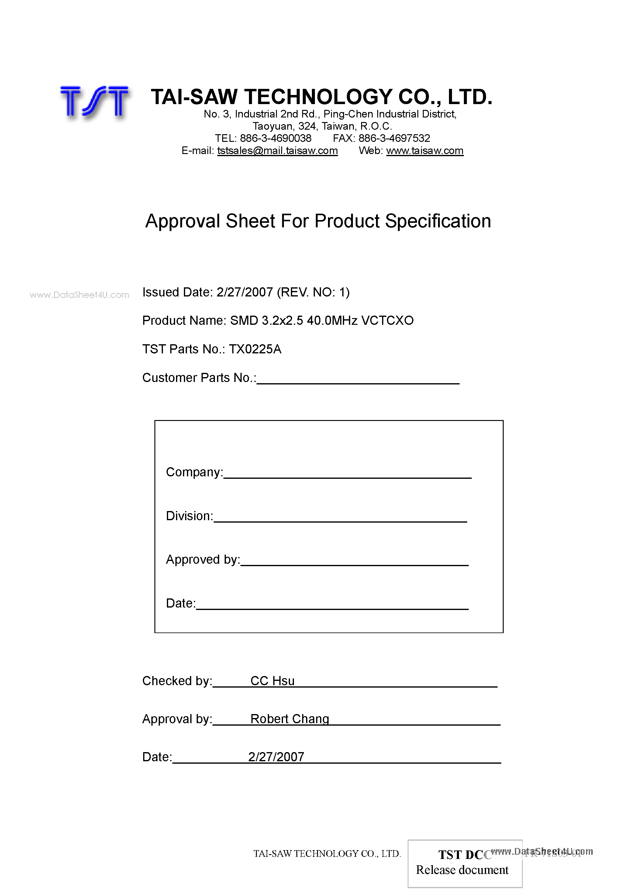 Datasheet TX0225A - SMD 3.2x2.5 40.0MHz VCTCXO page 1