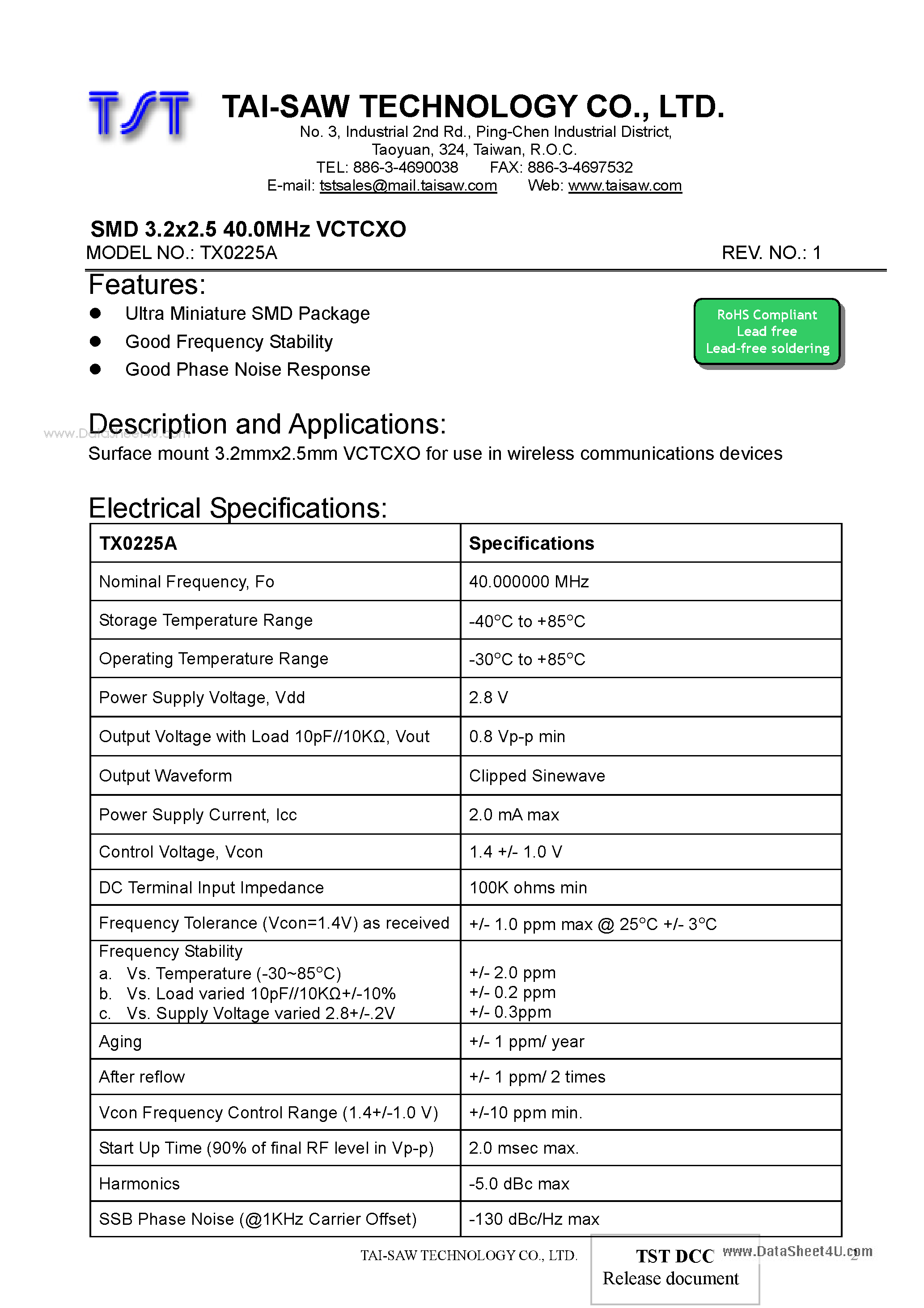 Datasheet TX0225A - SMD 3.2x2.5 40.0MHz VCTCXO page 2