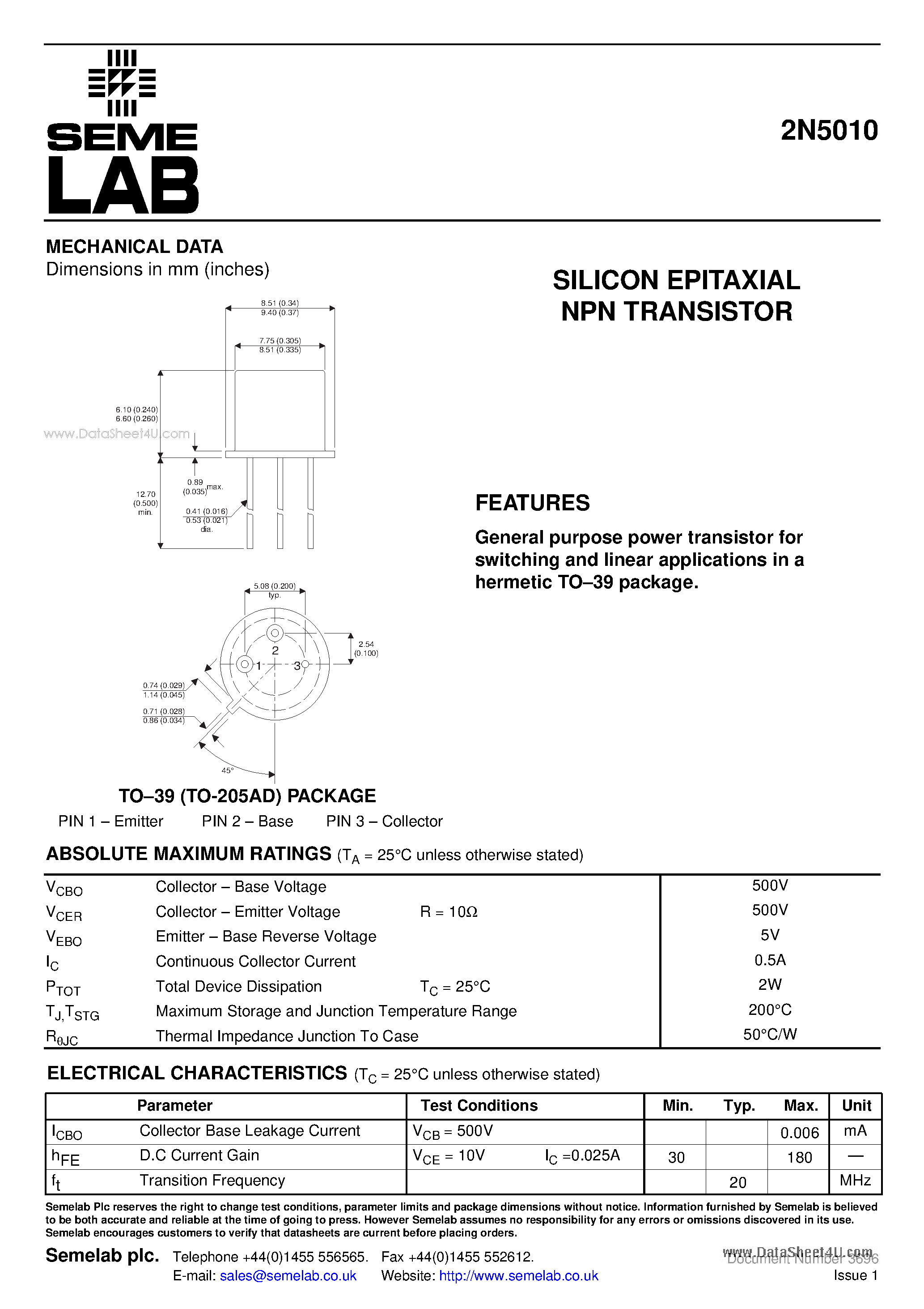 Datasheet 2N5010 page 1 Datasheet 2N5010 - SILICON EPITAXIAL NPN TRANSISTOR page 1