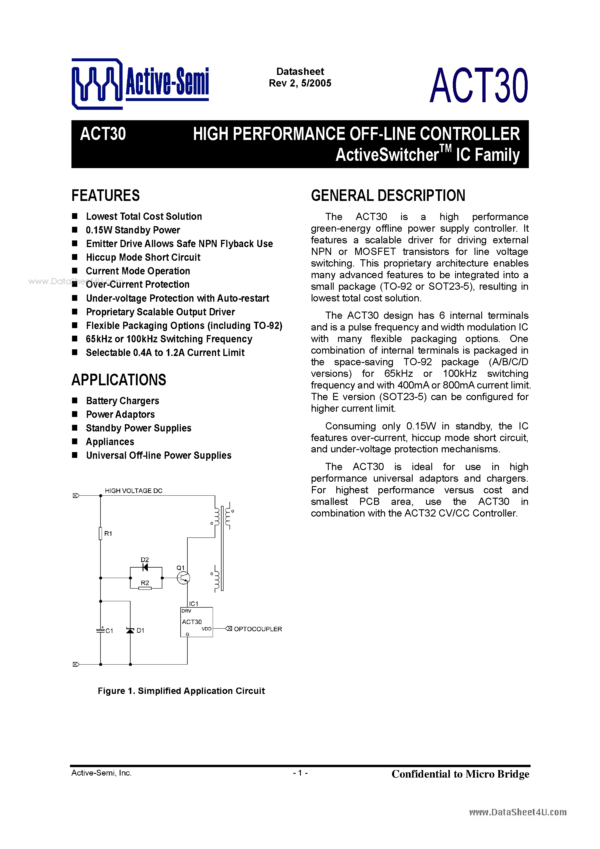 Даташит ACT30 - HIGH PERFORMANCE OFF-LINE CONTROLLER страница 1