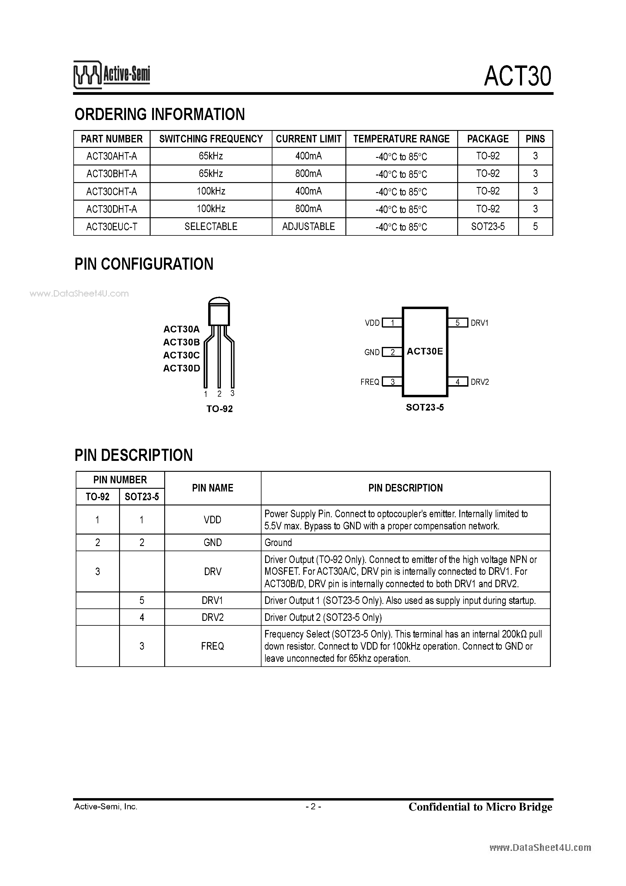 Даташит ACT30 - HIGH PERFORMANCE OFF-LINE CONTROLLER страница 2