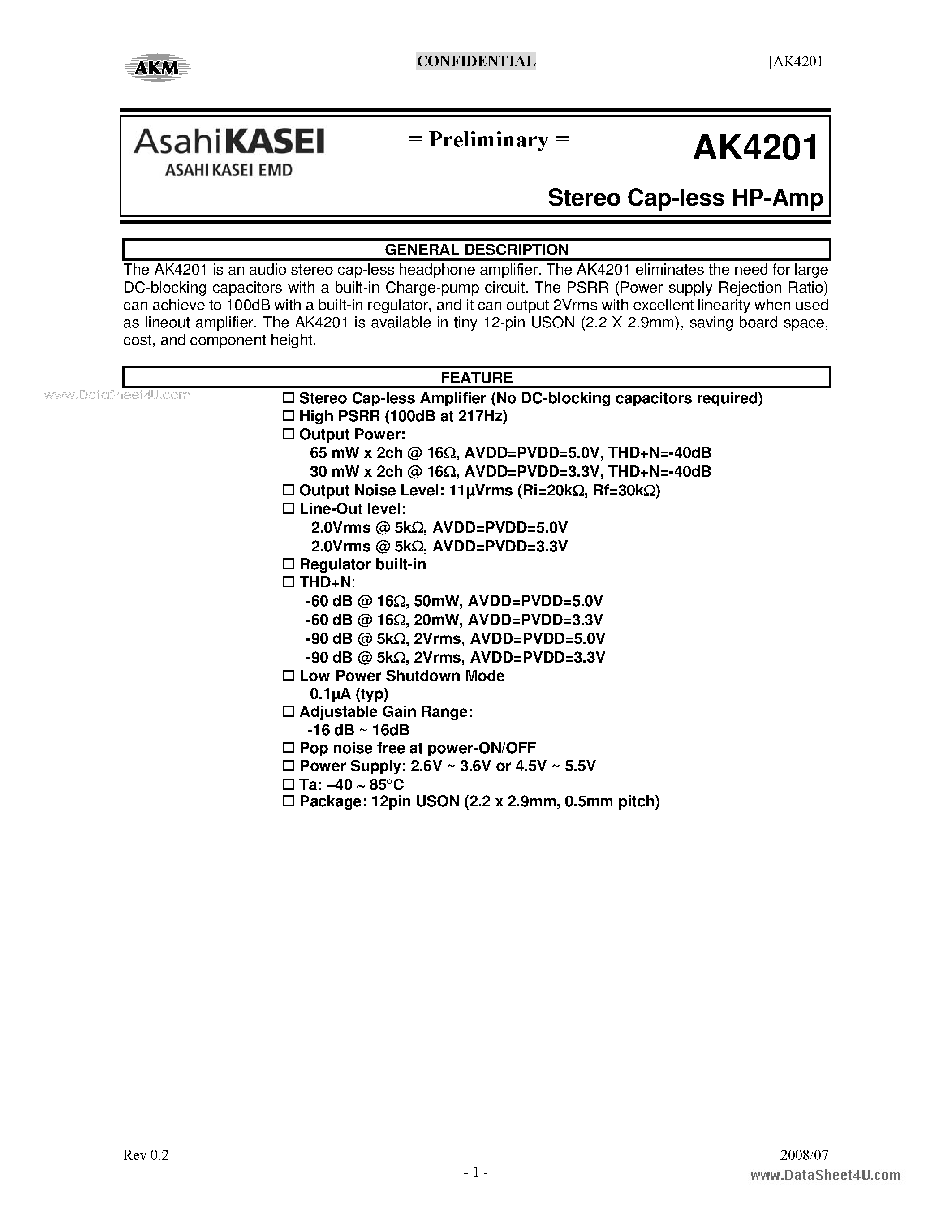 Даташит AK4201 - Stereo Cap-less HP-Amp страница 1