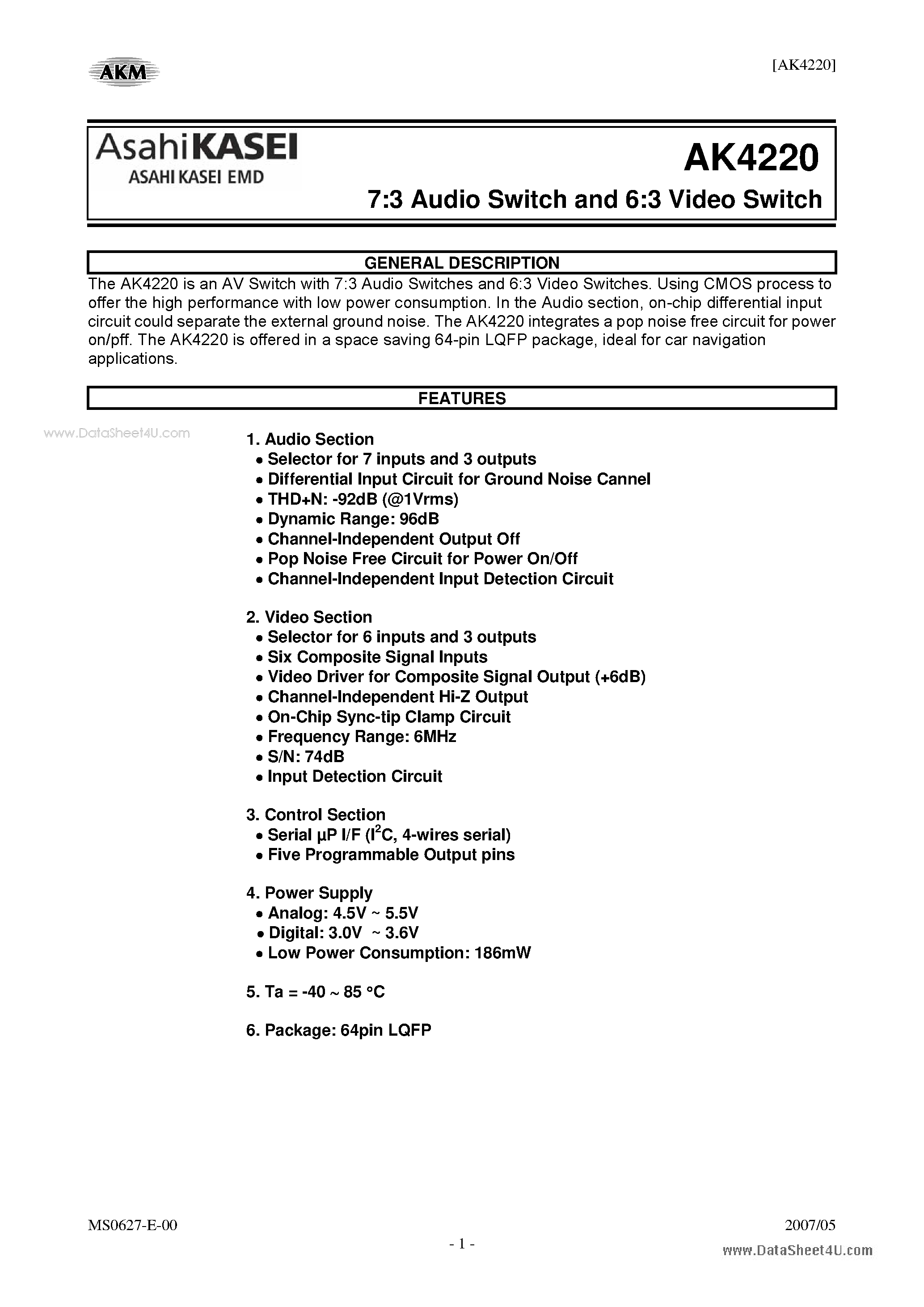 Datasheet AK4220 - 7:3 Audio Switch and 6:3 Video Switch page 1
