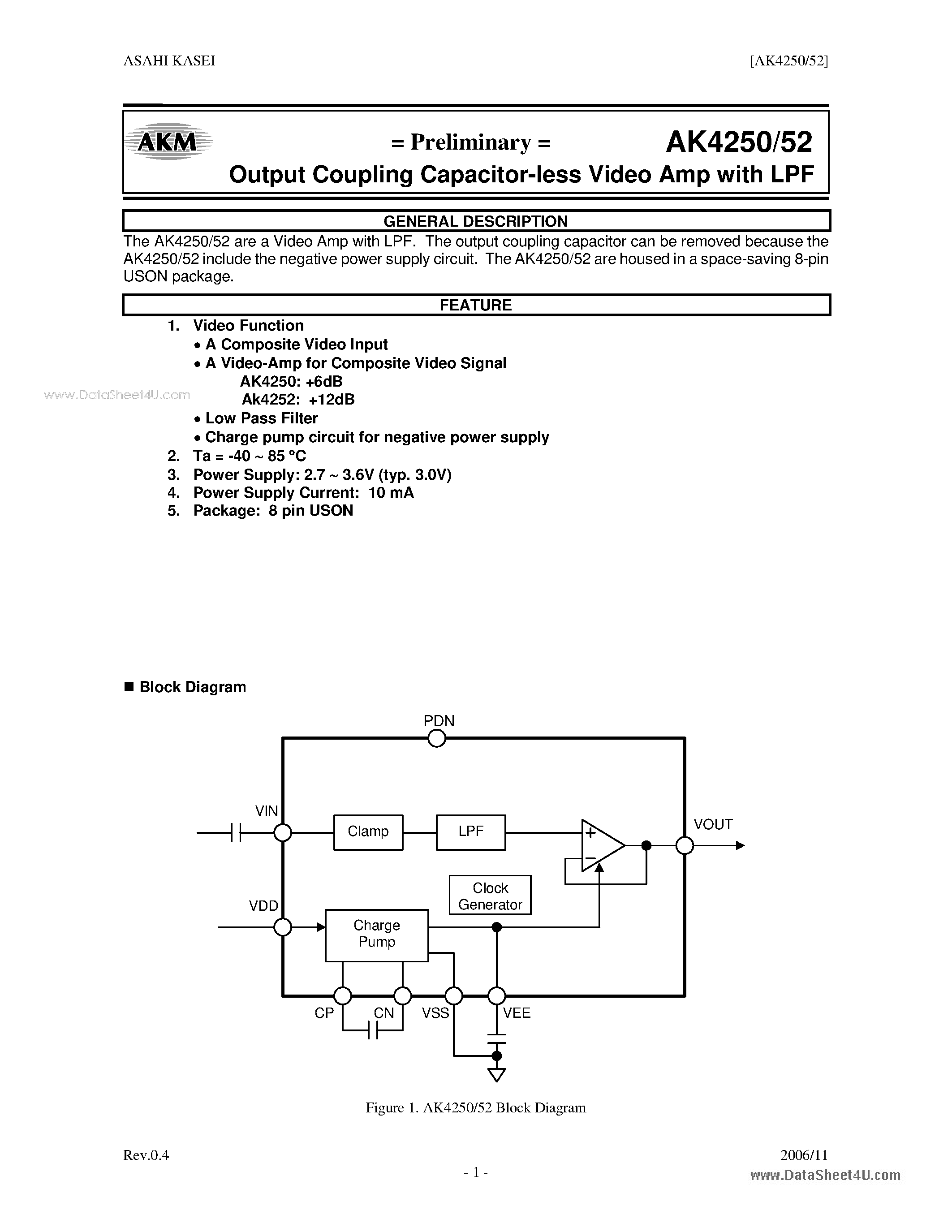 Datasheet AK4252 - Output Coupling Capacitor-less Video Amp page 1