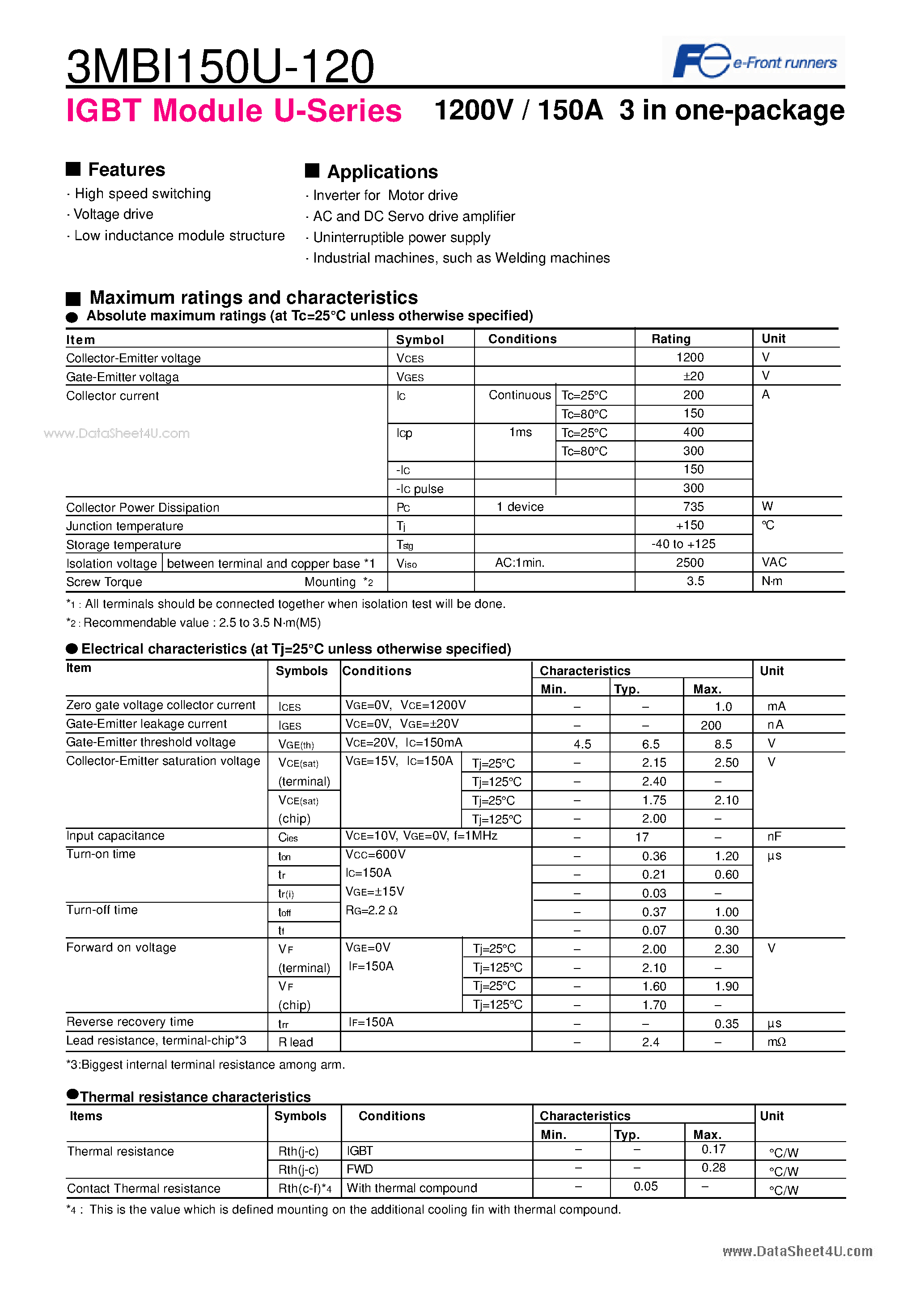Datasheet 3MBI150U-120 - 1200V / 150A 3 in one-package page 1
