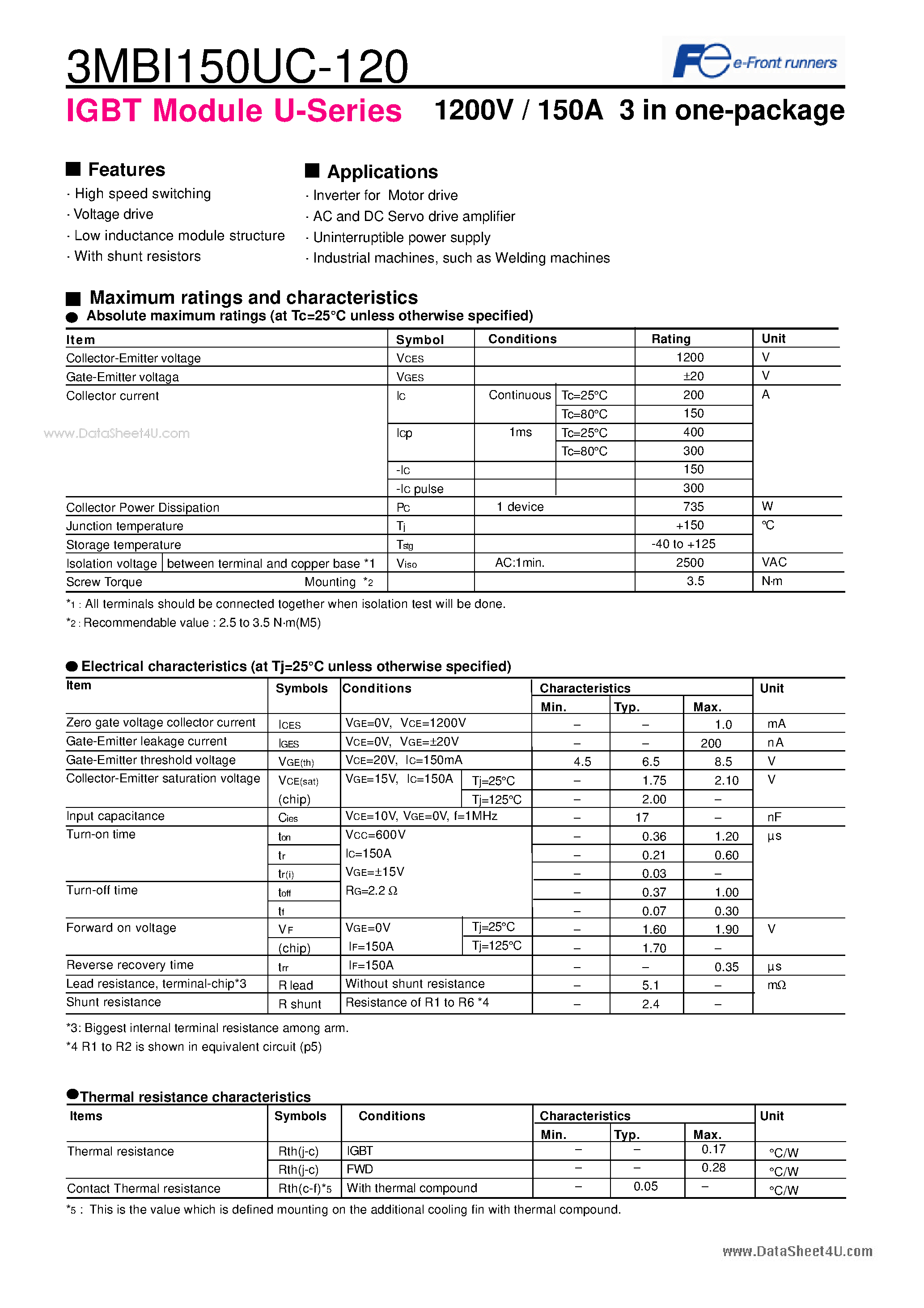 Datasheet 3MBI150UC-120 - 1200V / 150A 3 in one-package page 1