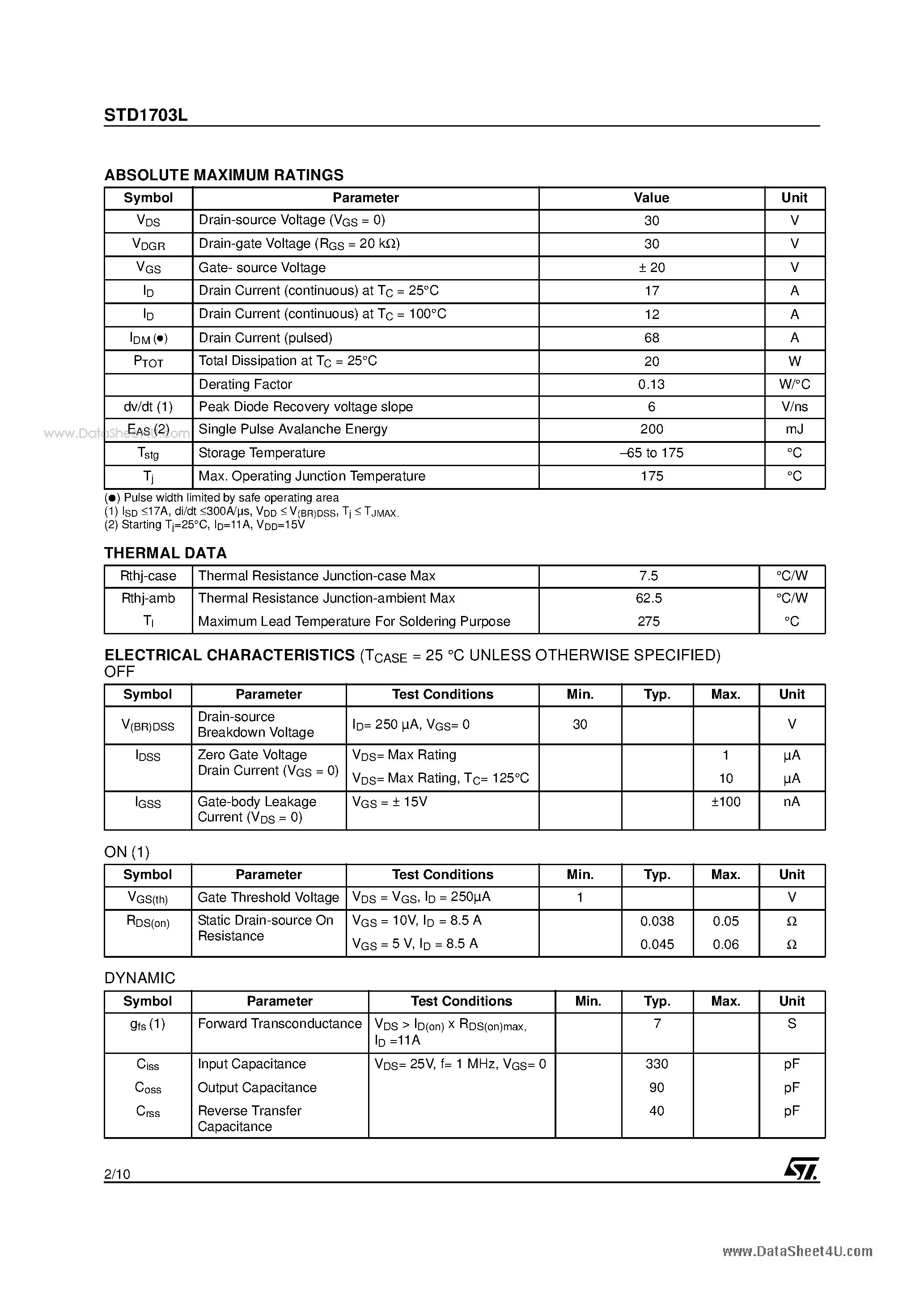Datasheet STD1703L page 2 Datasheet STD1703L - N-CHANNEL MOSFET page 2