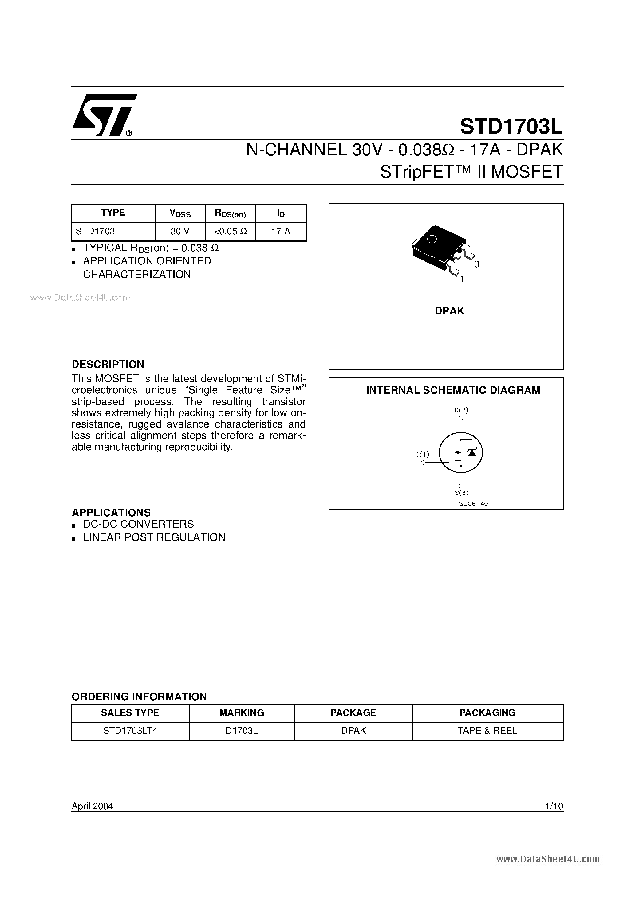 Даташит на микросхему D1703L страница 1 Даташит D1703L - N-CHANNEL MOSFET страница 1