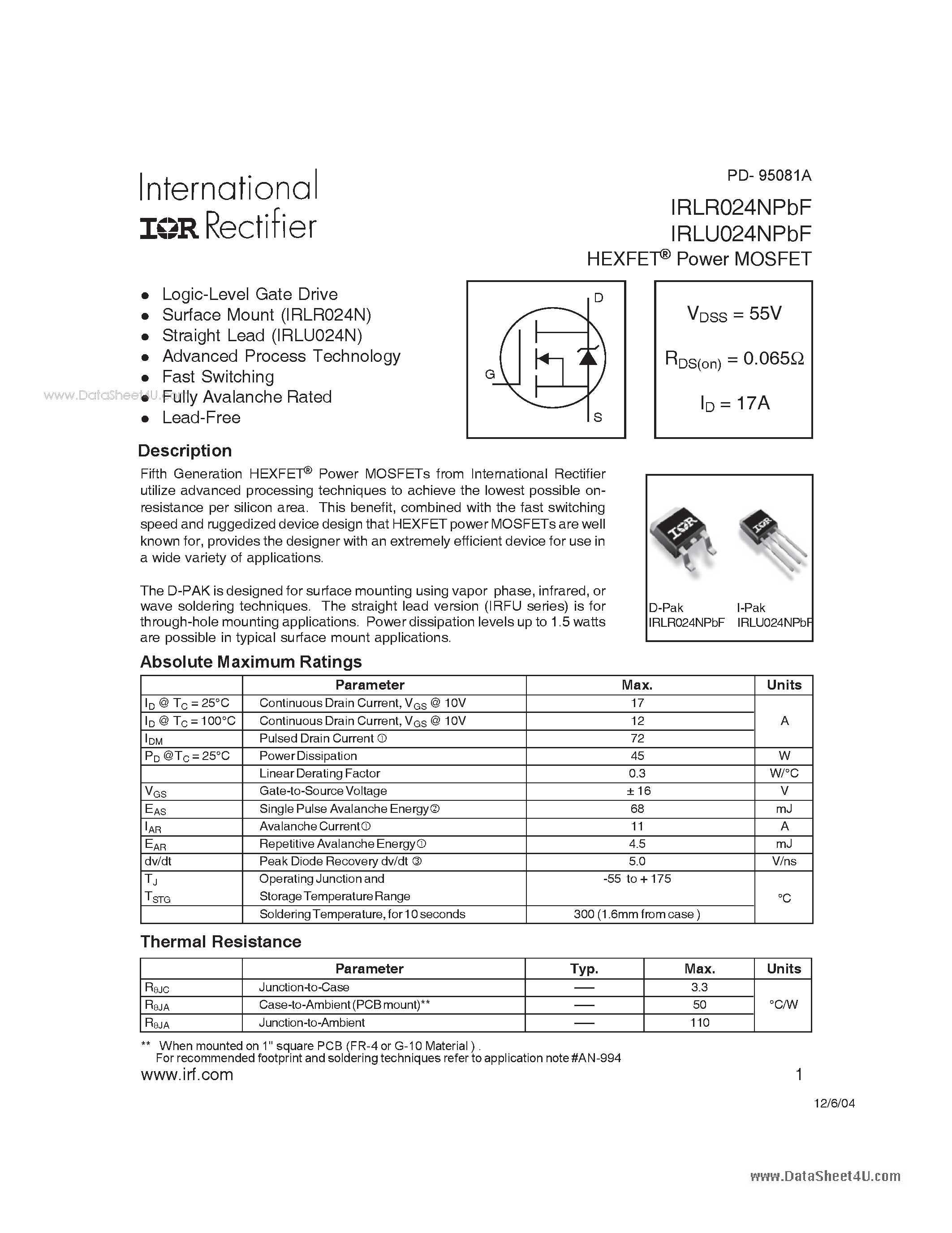 Даташит IRLR024NPBF - HEXFET Power MOSFET страница 1