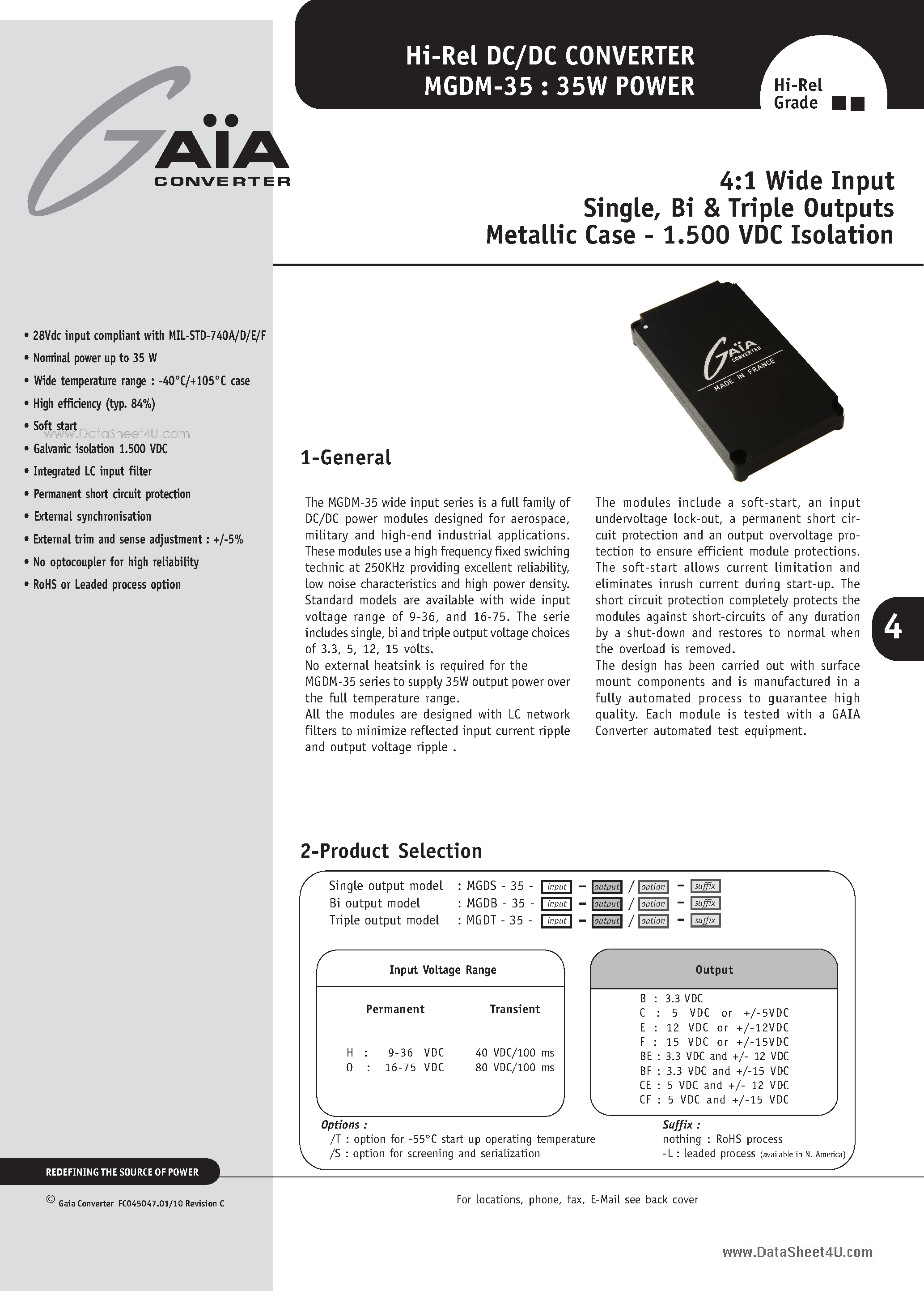 Datasheet MGDM-35 - Metallic Case - 1.500 VDC Isolation page 1