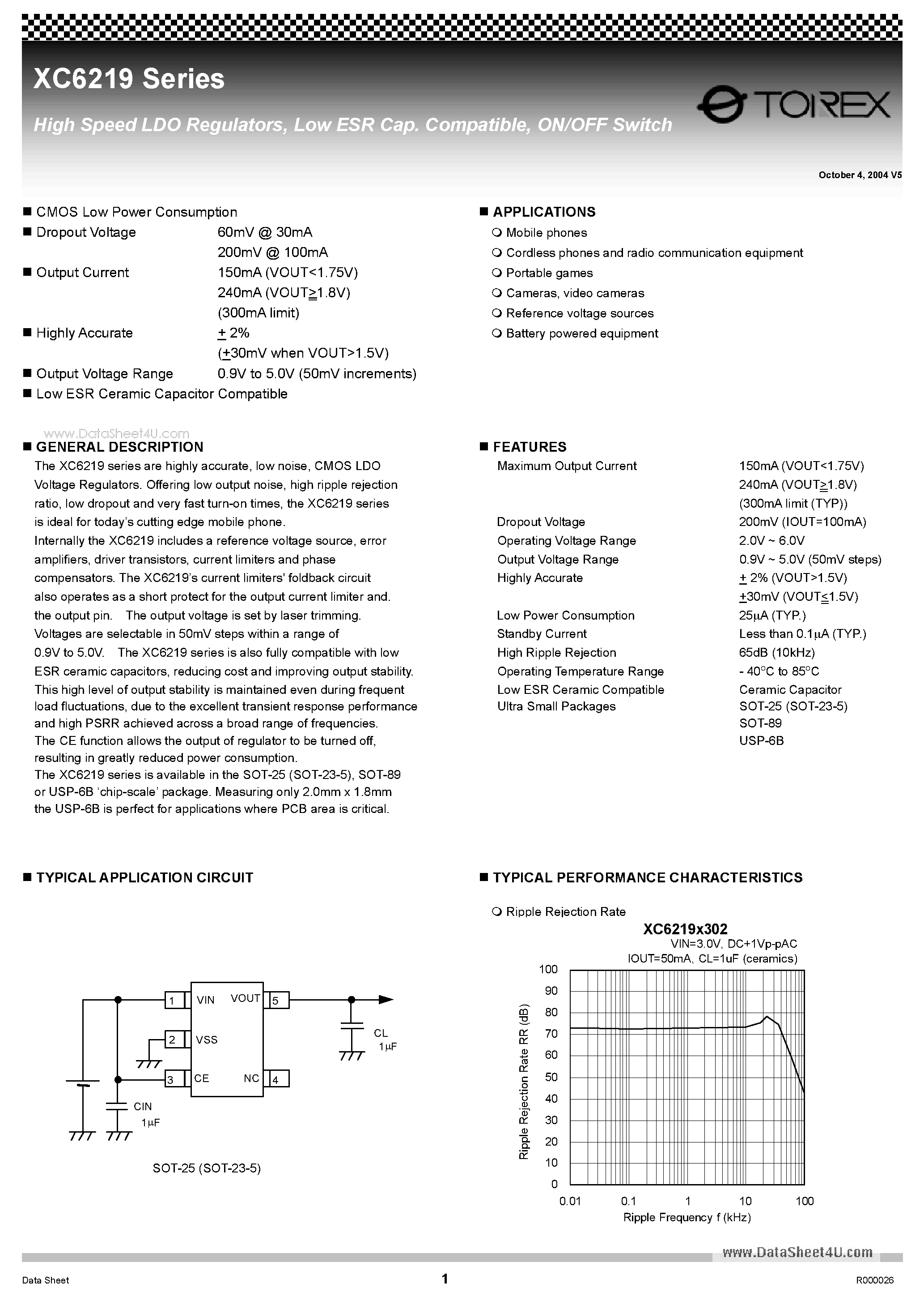 Datasheet XC6219 - High Speed LDO Regulators Low ESR Cap Compatible ON/OFF Switch page 1
