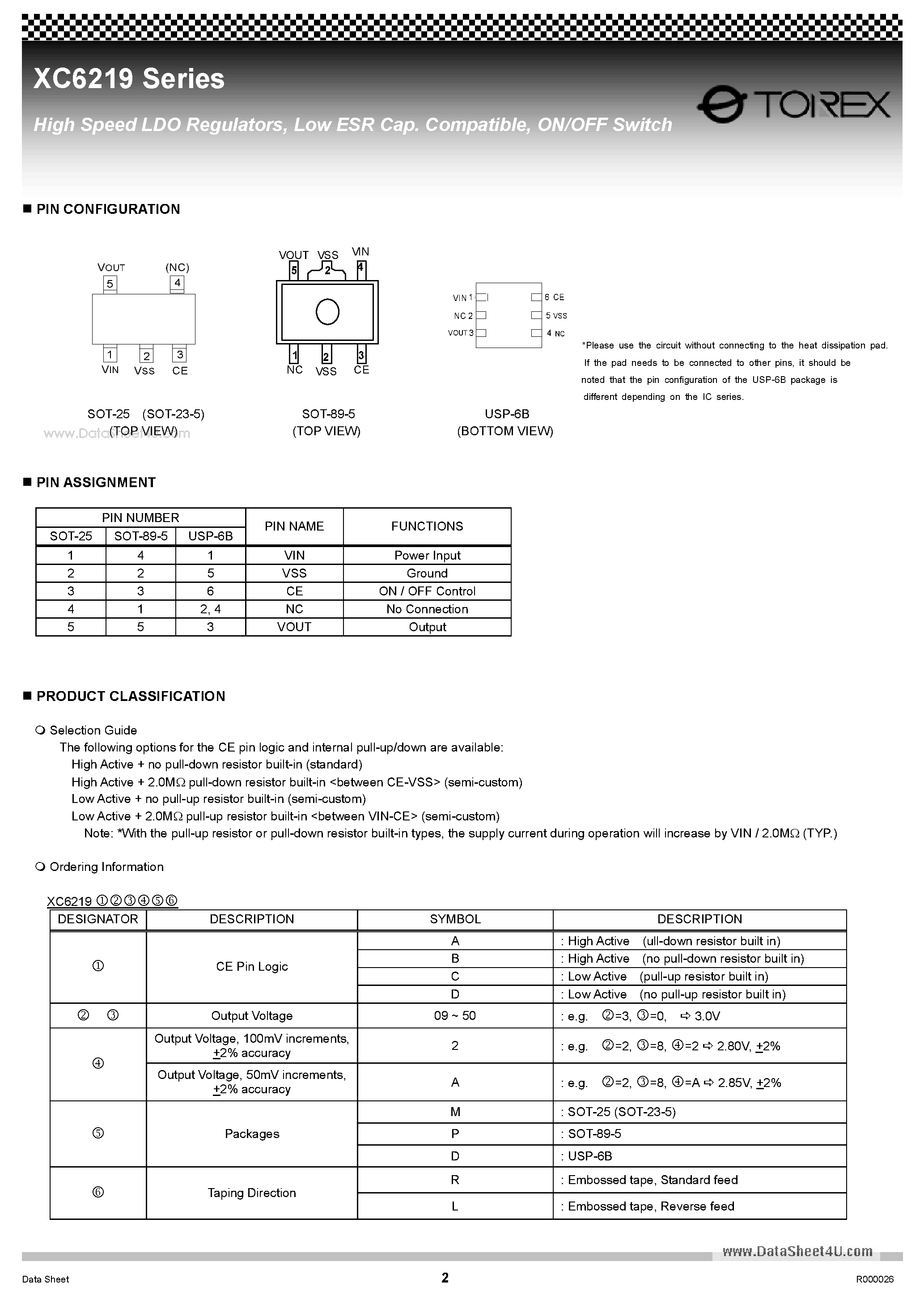 Datasheet XC6219 - High Speed LDO Regulators Low ESR Cap Compatible ON/OFF Switch page 2
