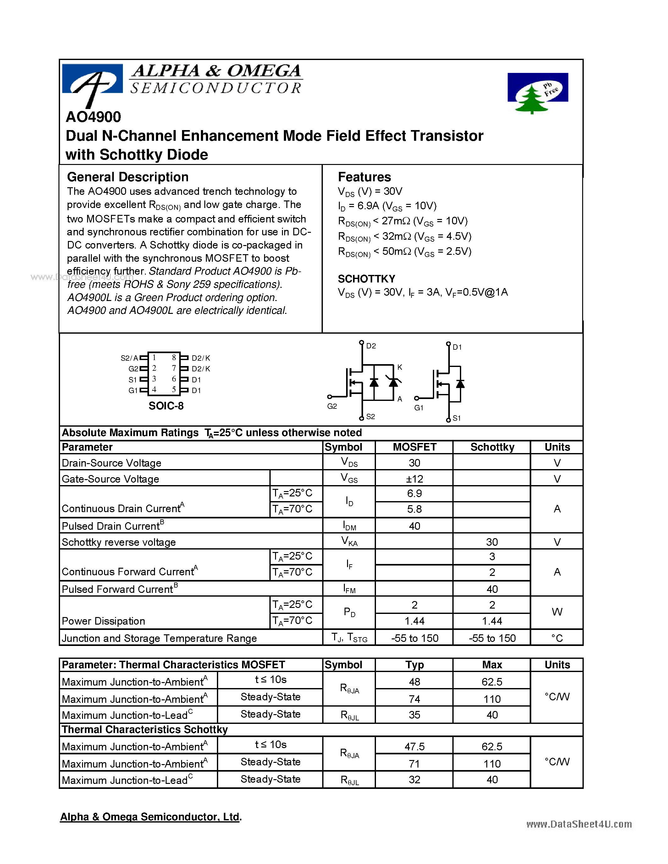 Datasheet AO4900 - Dual N-Channel Enhancement Mode Field Effect Transistor page 1