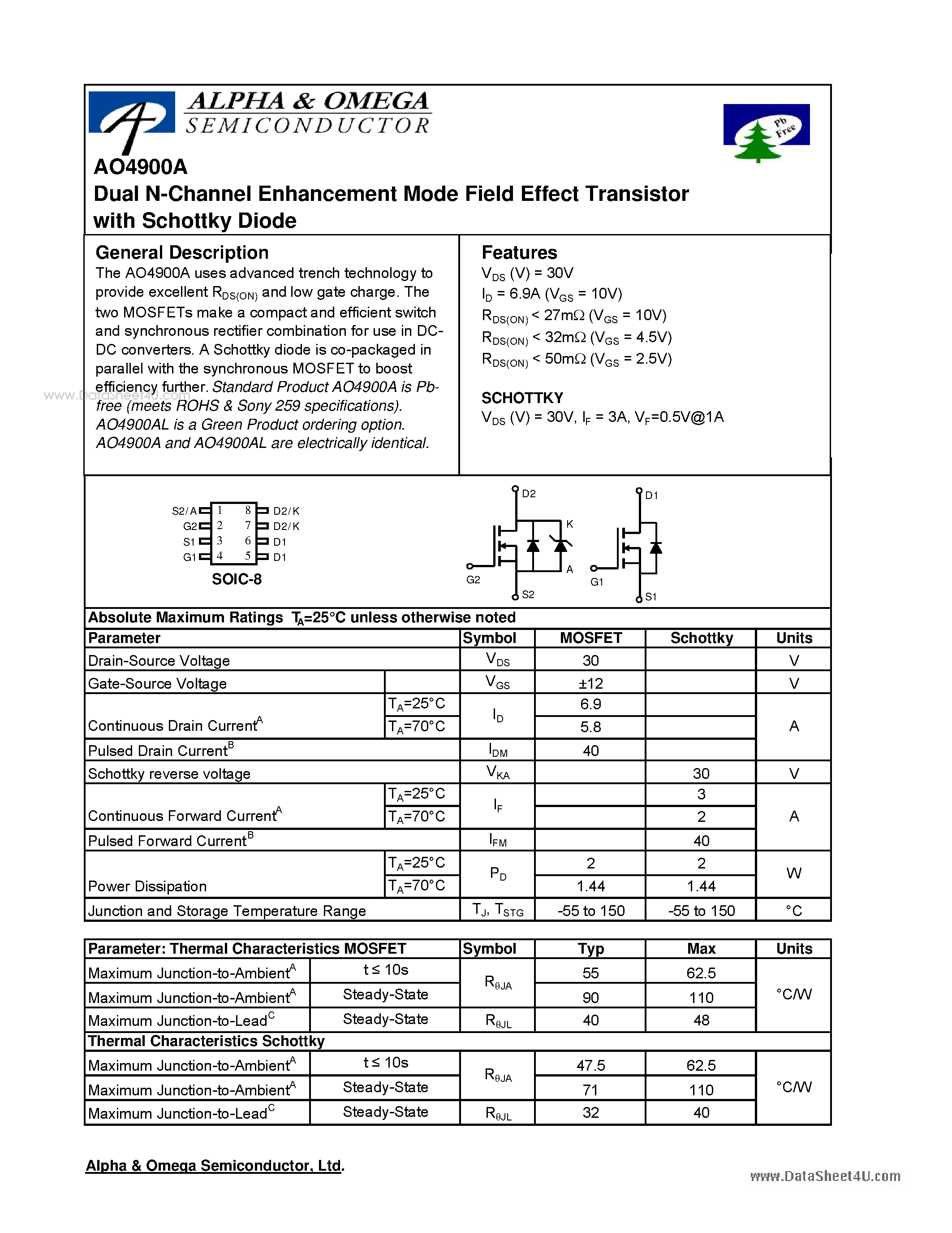 Datasheet AO4900A - Dual N-Channel Enhancement Mode Field Effect Transistor page 1