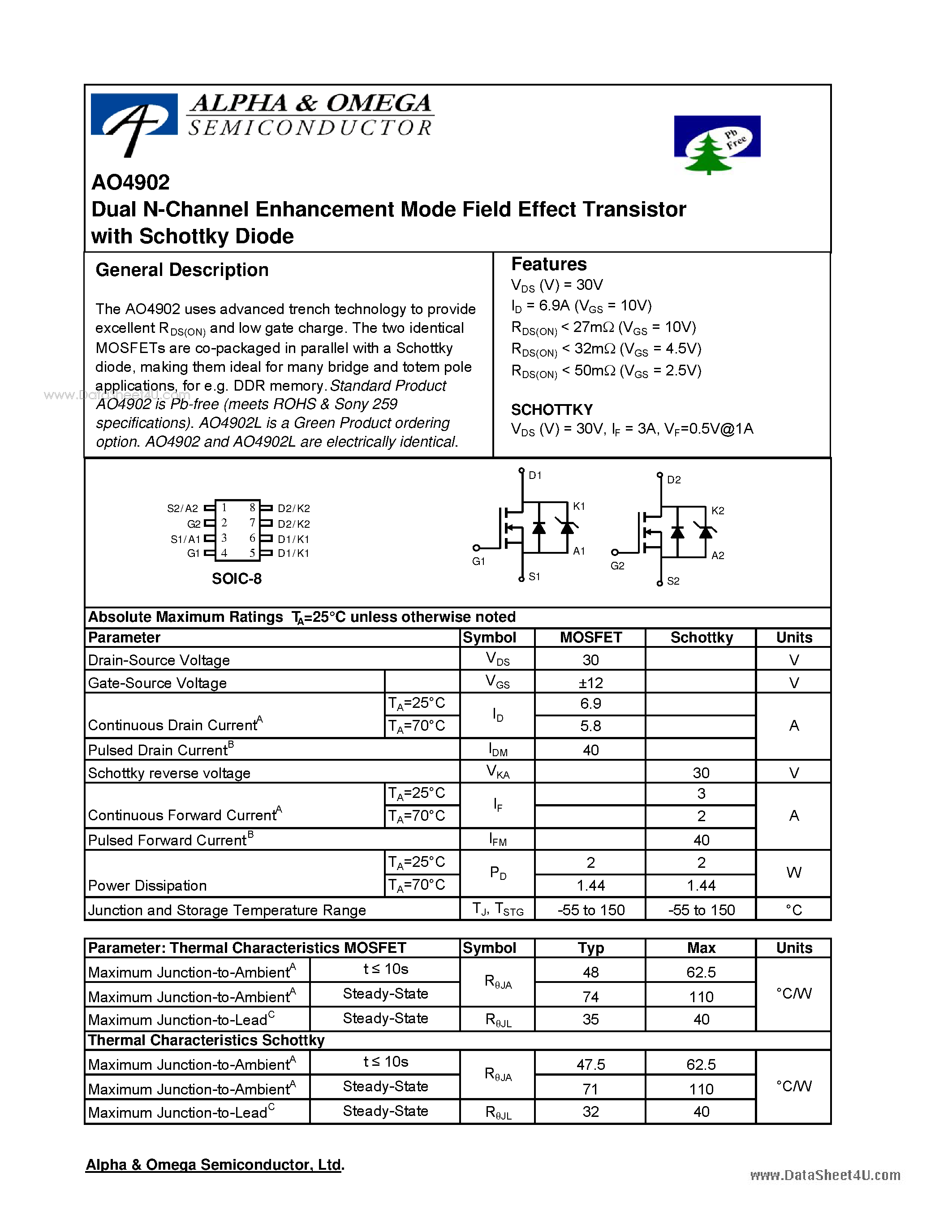 Datasheet AO4902 - Dual N-Channel Enhancement Mode Field Effect Transistor page 1