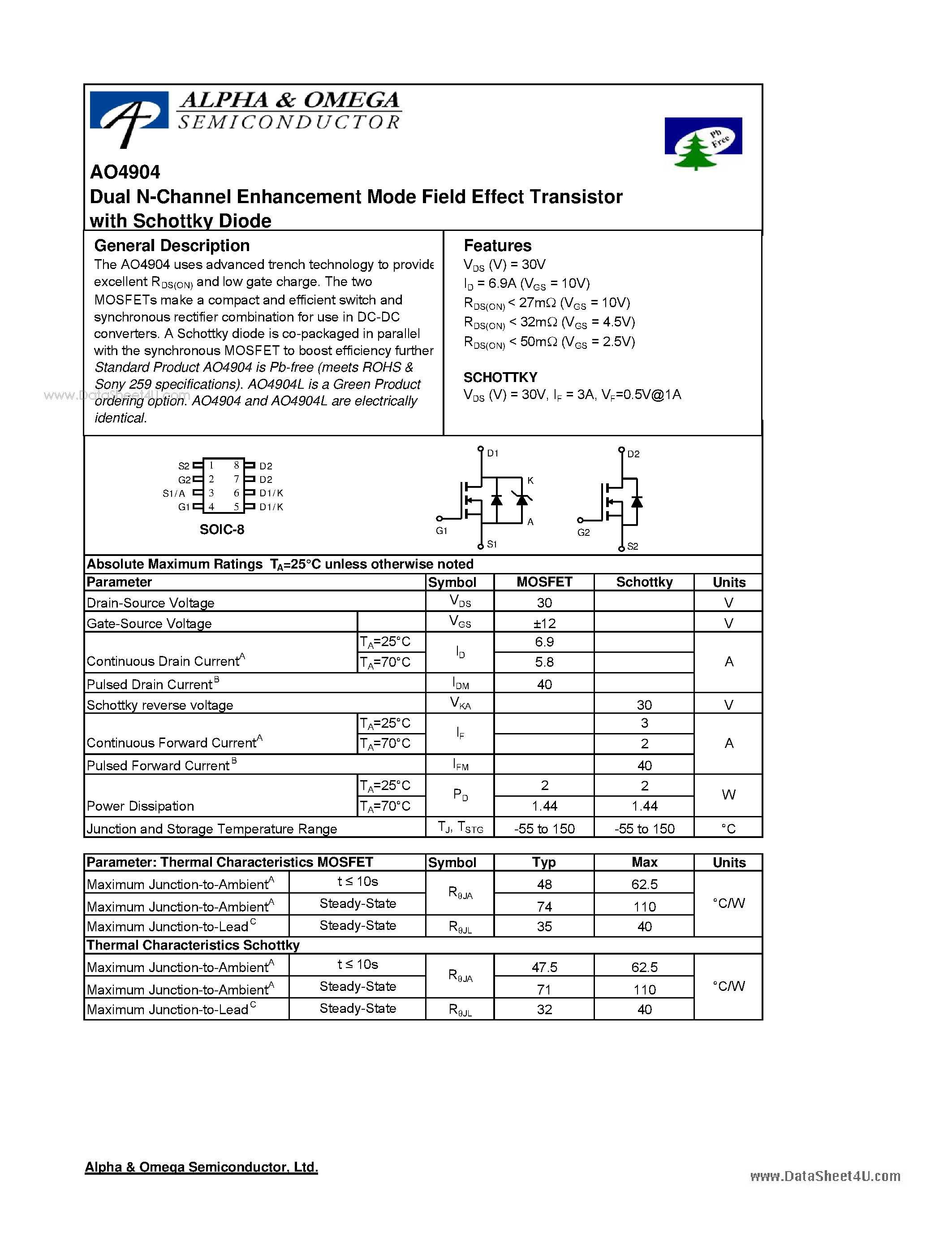 Datasheet AO4904 - Dual N-Channel Enhancement Mode Field Effect Transistor page 1