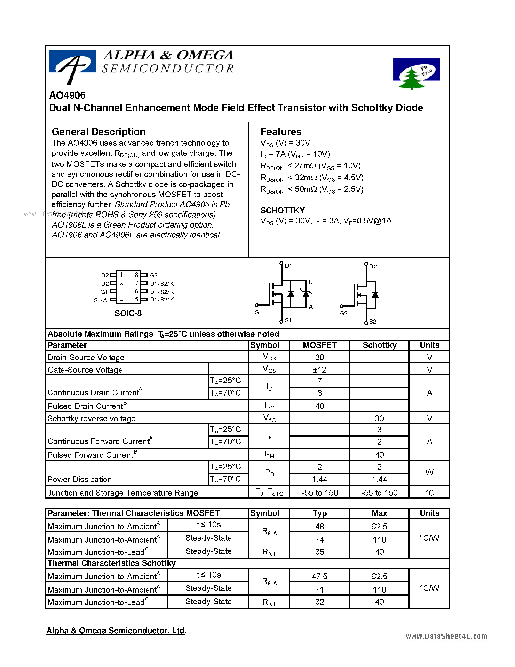 Datasheet AO4906 - Dual N-Channel Enhancement Mode Field Effect Transistor page 1