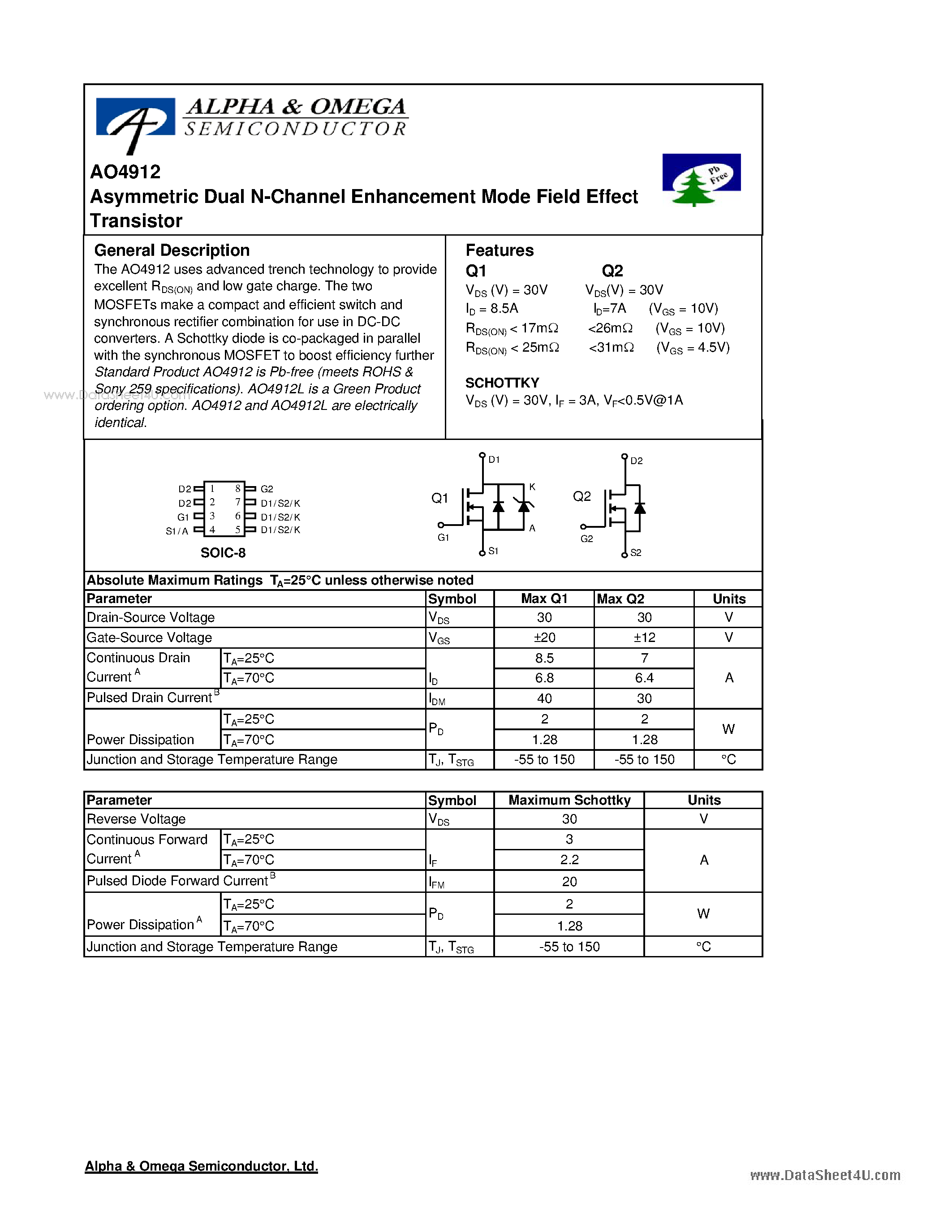 Datasheet AO4912 - Dual N-Channel Enhancement Mode Field Effect Transistor page 1
