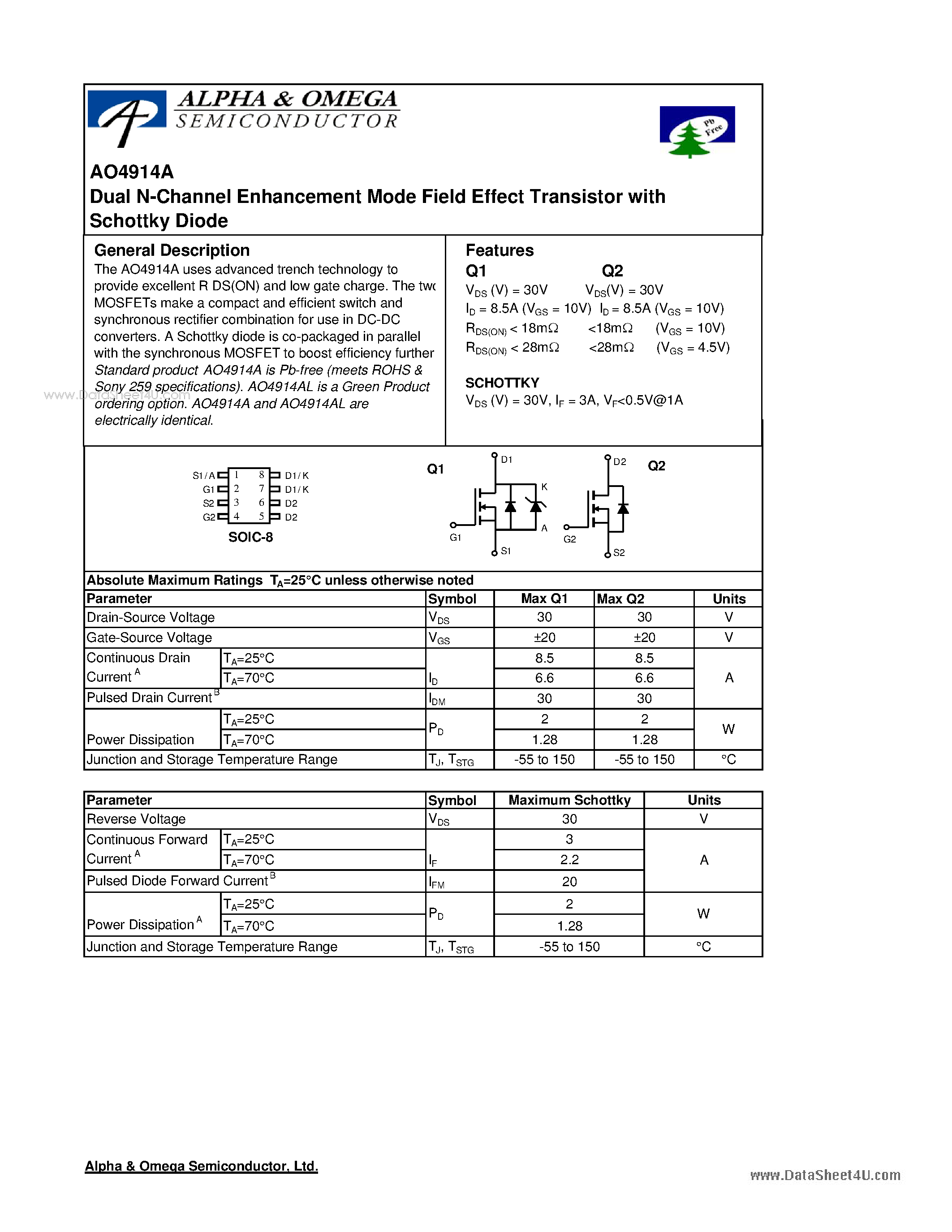 Datasheet AO4914A - Dual N-Channel Enhancement Mode Field Effect Transistor page 1