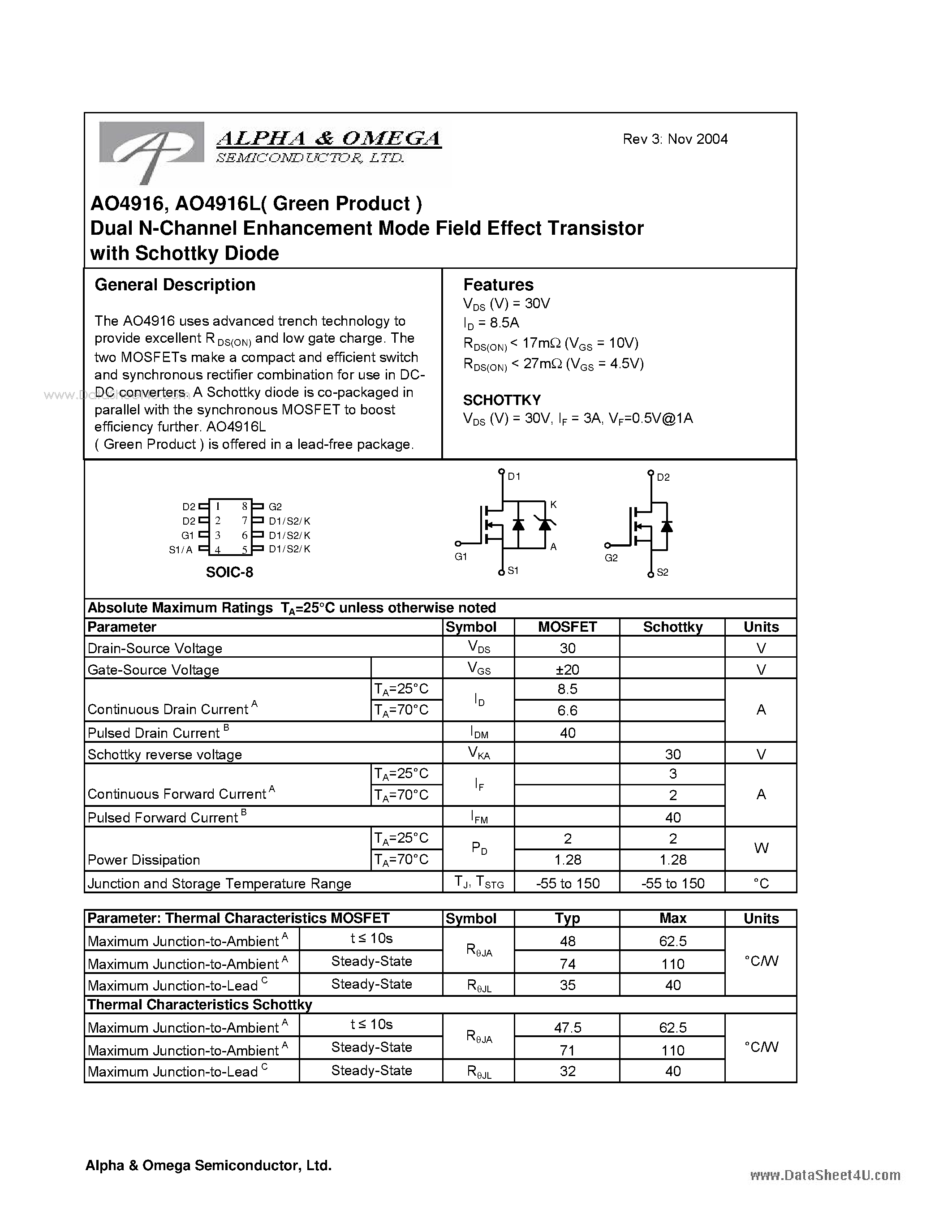 Datasheet AO4916 - Dual N-Channel Enhancement Mode Field Effect Transistor page 1