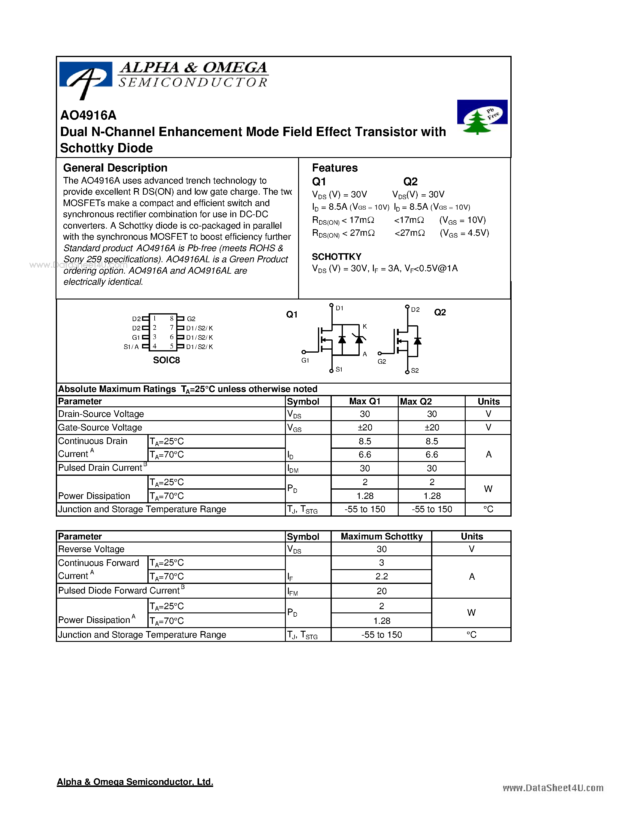 Datasheet AO4916A - Dual N-Channel Enhancement Mode Field Effect Transistor page 1