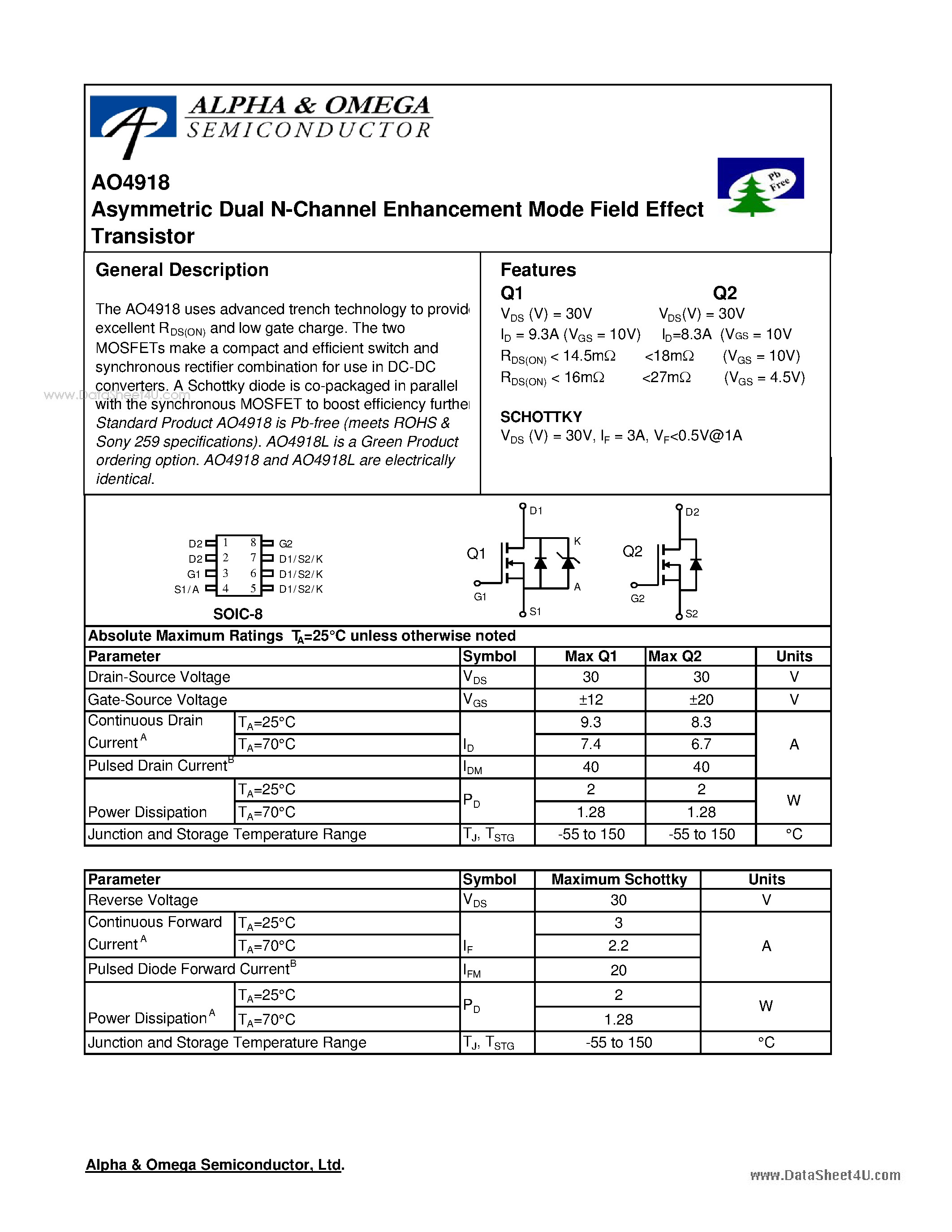 Datasheet AO4918 - Dual N-Channel Enhancement Mode Field Effect Transistor page 1