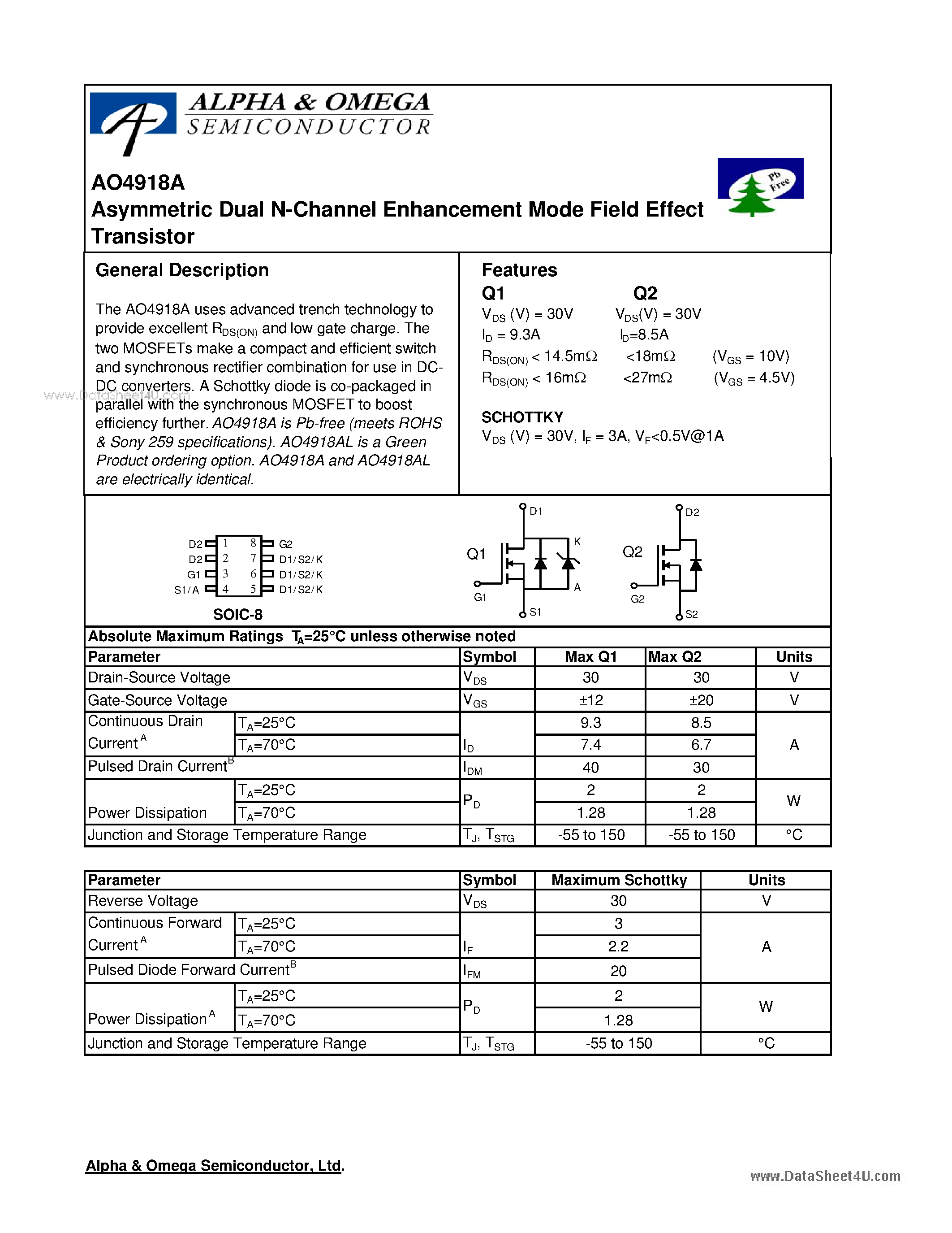 Datasheet AO4918A - Dual N-Channel Enhancement Mode Field Effect Transistor page 1