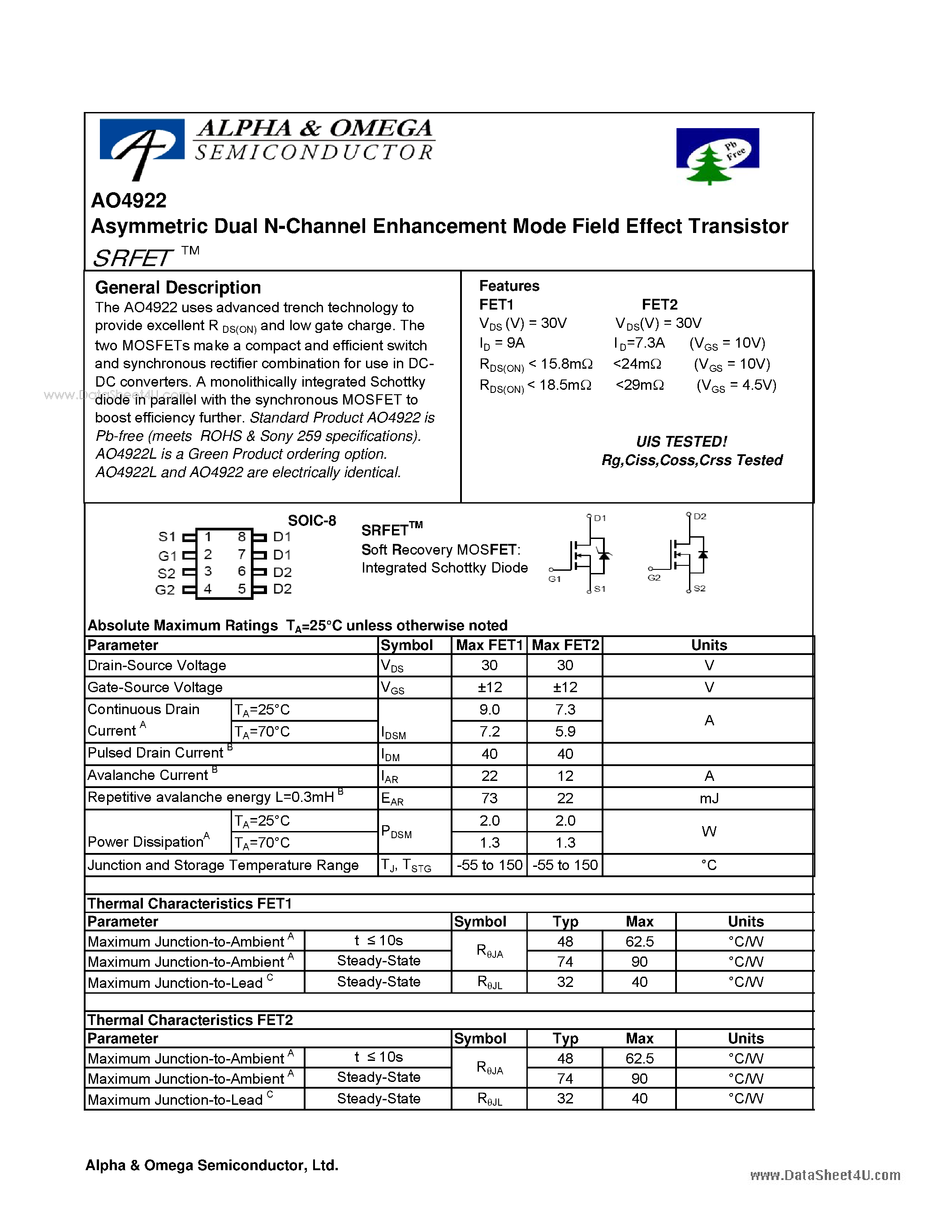 Datasheet AO4922 - Dual N-Channel Enhancement Mode Field Effect Transistor page 1