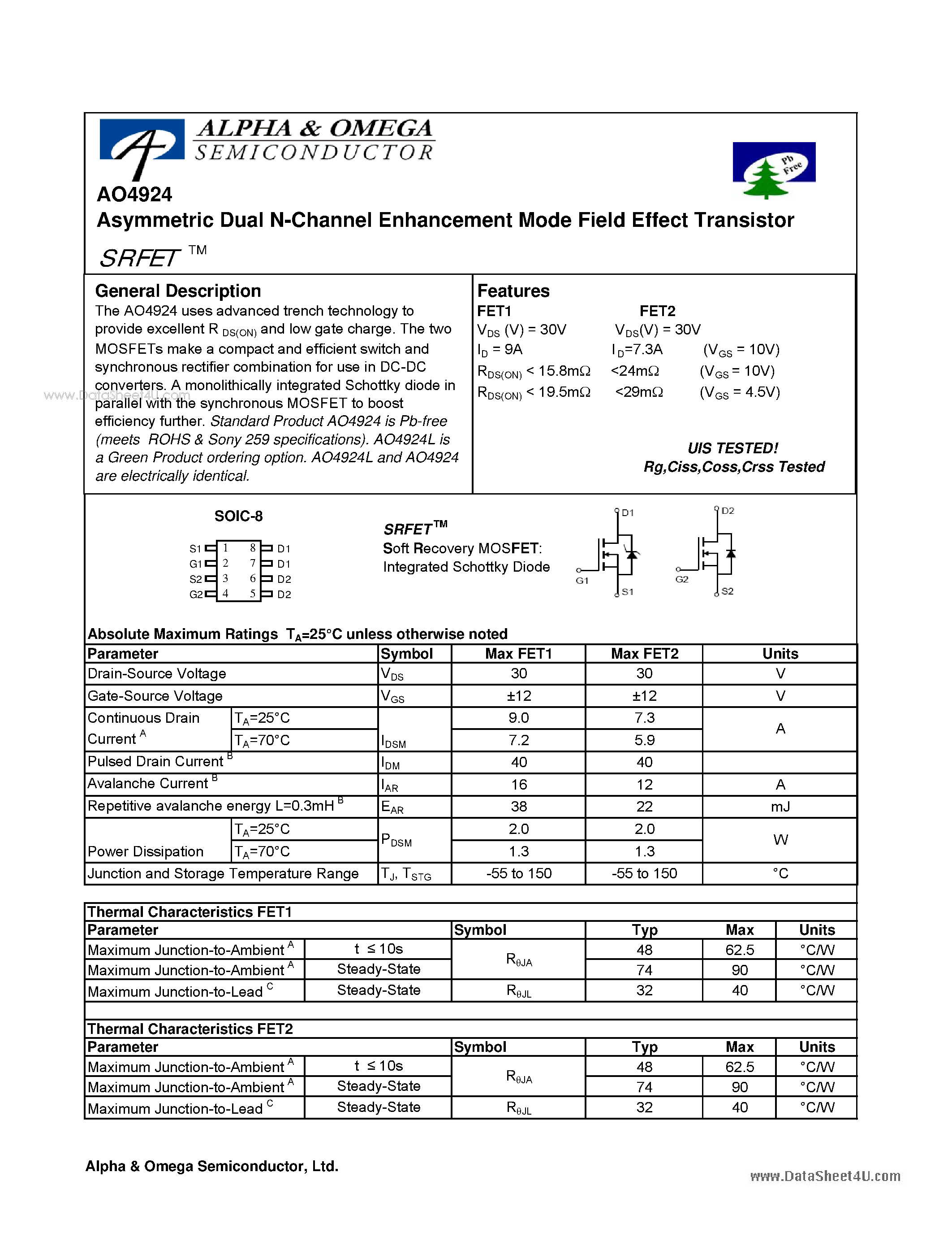 Datasheet AO4924 - Dual N-Channel Enhancement Mode Field Effect Transistor page 1