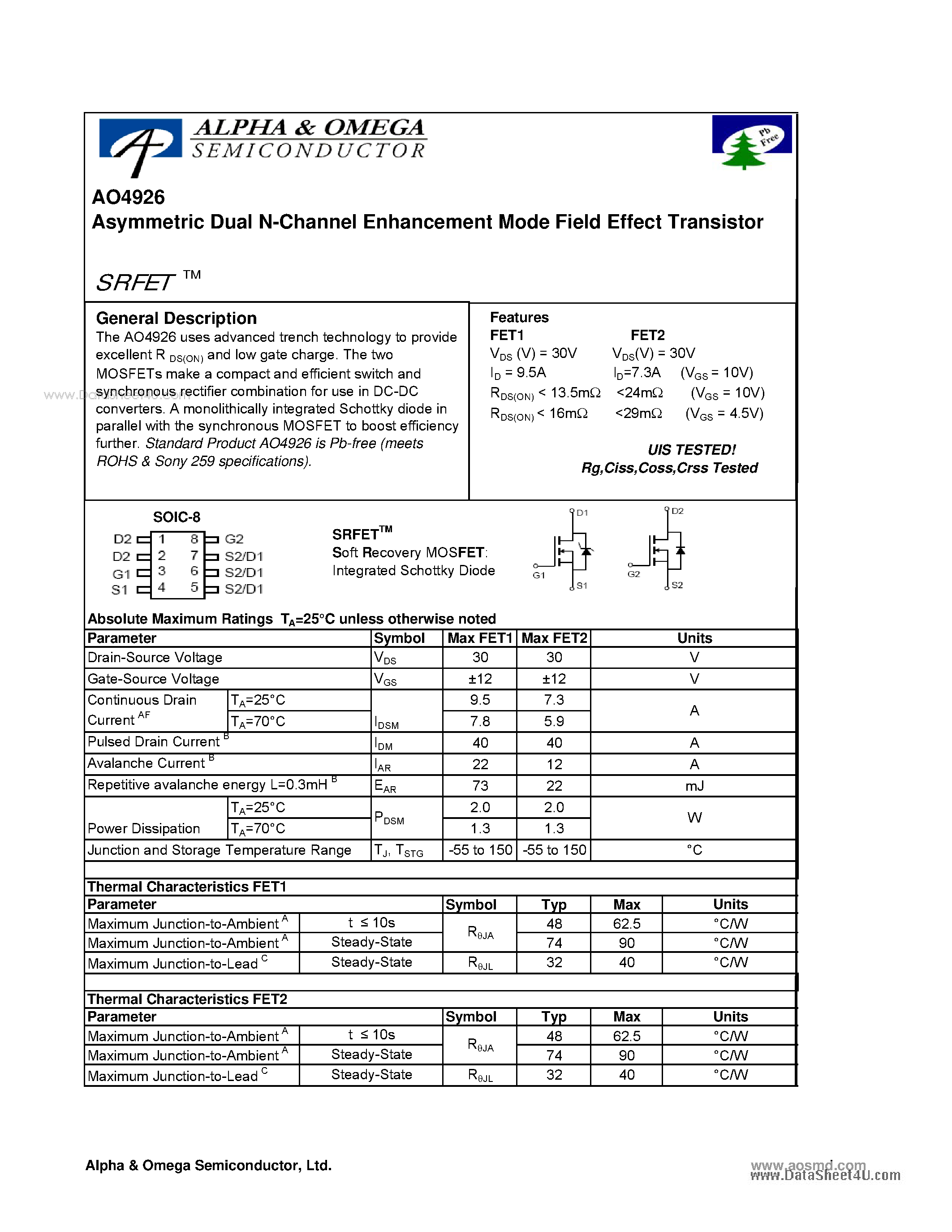 Datasheet AO4926 - Dual N-Channel Enhancement Mode Field Effect Transistor page 1