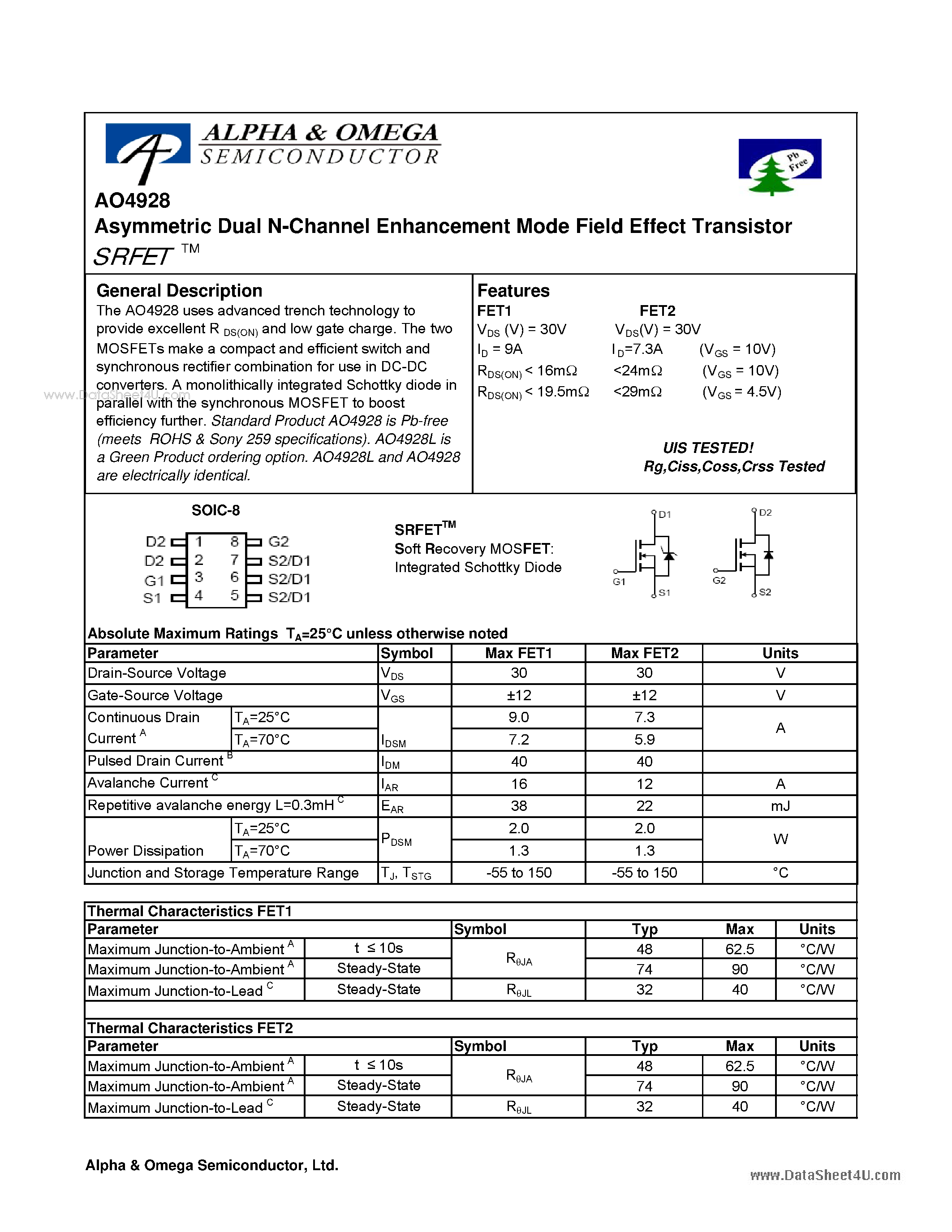 Datasheet AO4928 - Dual N-Channel Enhancement Mode Field Effect Transistor page 1