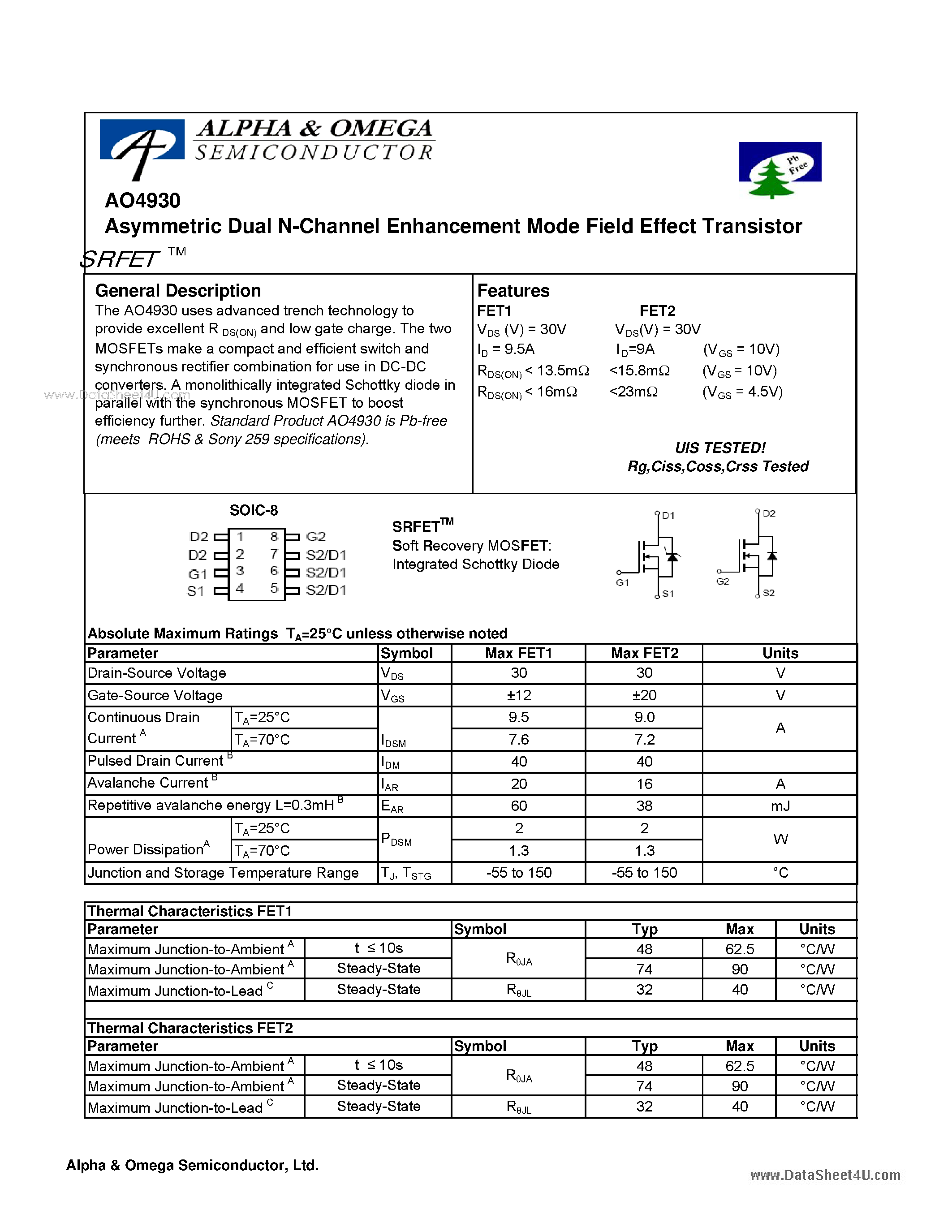 Datasheet AO4930 - Dual N-Channel Enhancement Mode Field Effect Transistor page 1