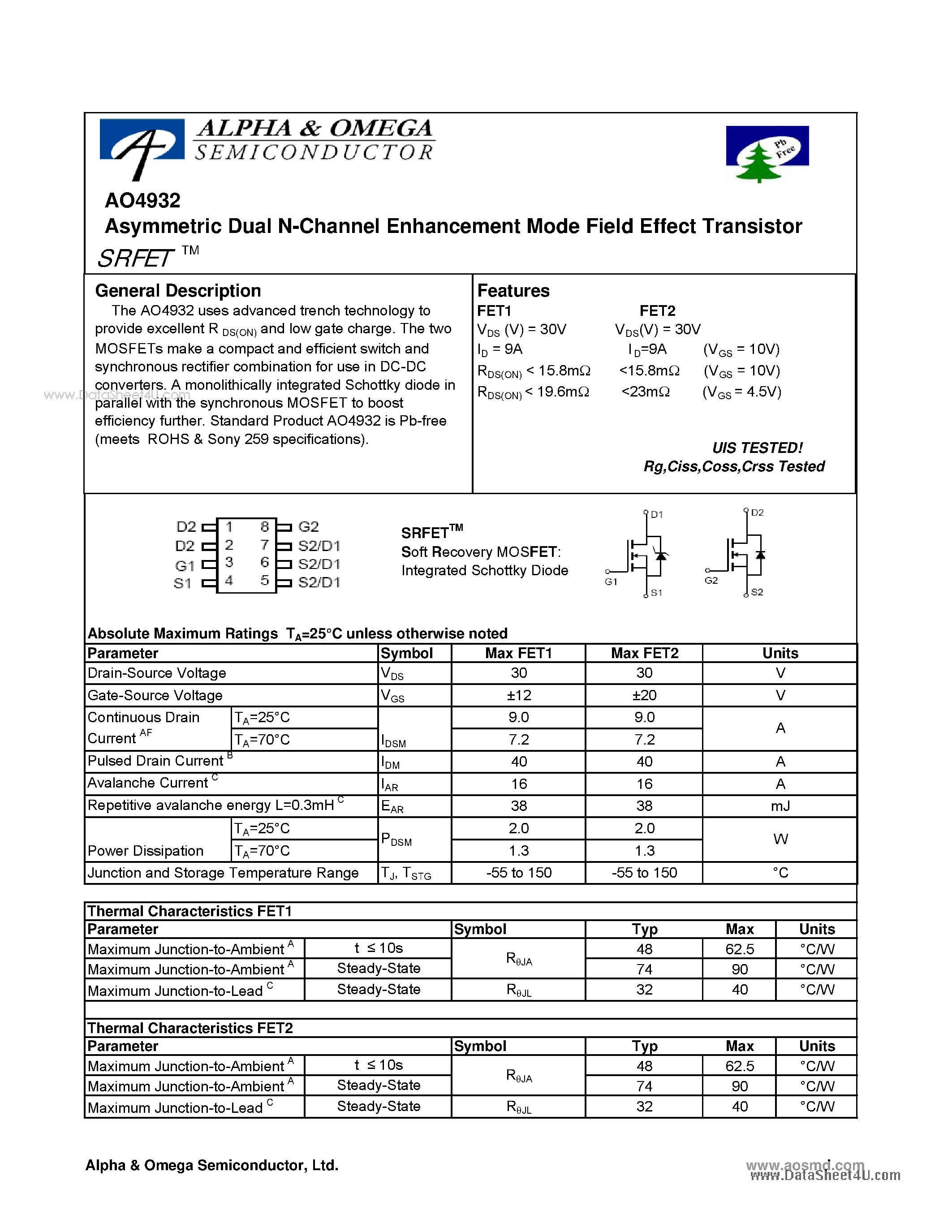 Datasheet AO4932 - Dual N-Channel Enhancement Mode Field Effect Transistor page 1