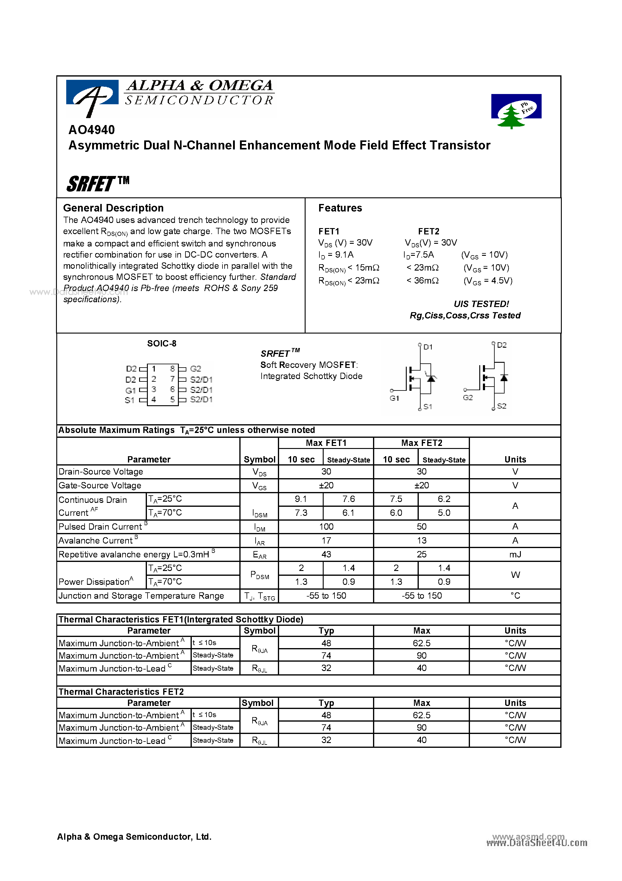 Datasheet AO4940 - Dual N-Channel Enhancement Mode Field Effect Transistor page 1