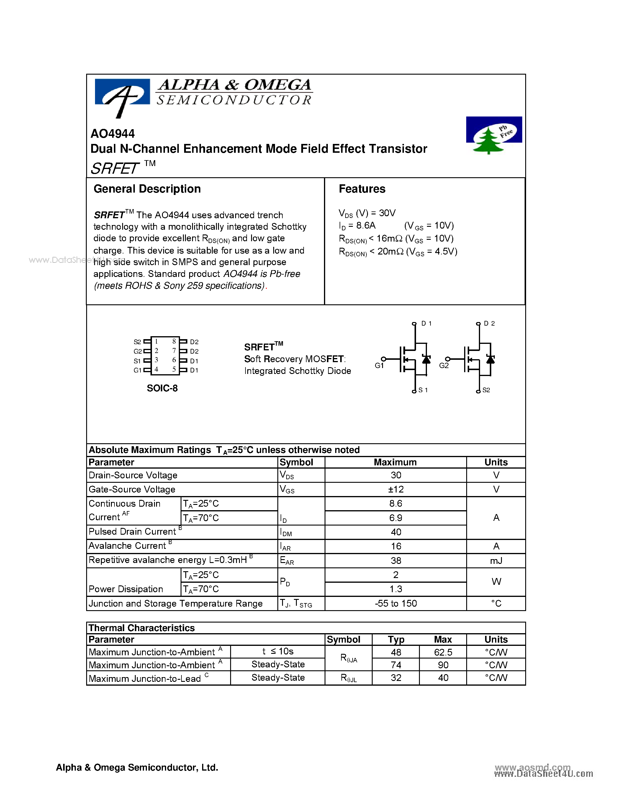 Datasheet AO4944 - Dual N-Channel Enhancement Mode Field Effect Transistor page 1