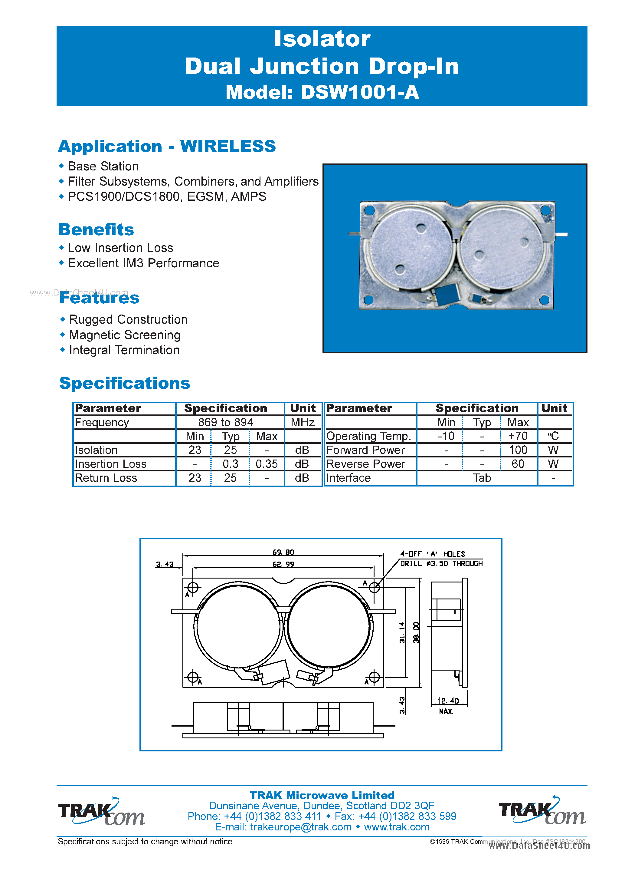 Datasheet DSW1001-A page 1 Datasheet DSW1001-A - Isolator Dual Junction Drop-In page 1