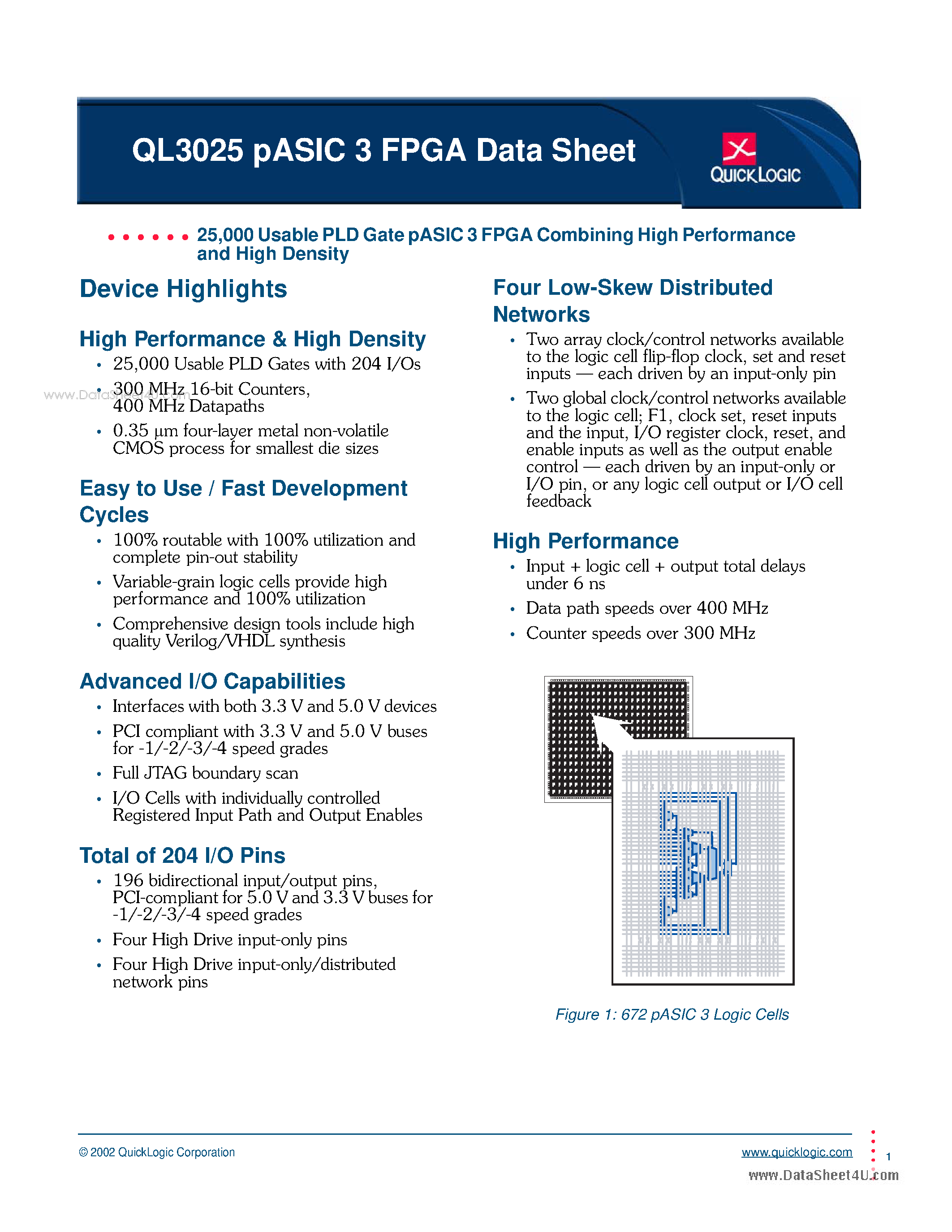 Datasheet QL3025 - PLD Gate pASIC 3 FPGA Combining High Performance and High Density page 1