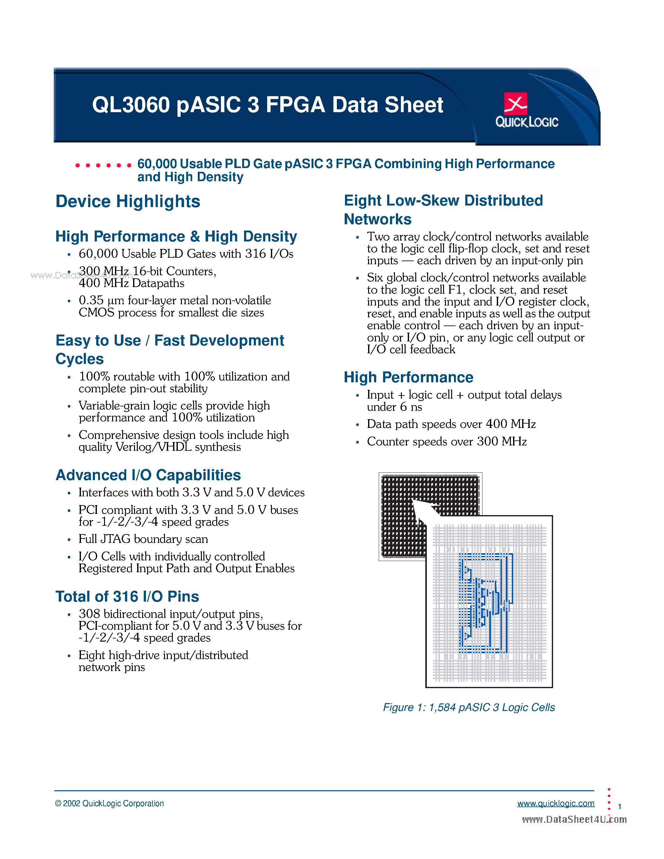 Datasheet QL3060 - PLD Gate pASIC 3 FPGA Combining High Performance and High Density page 1