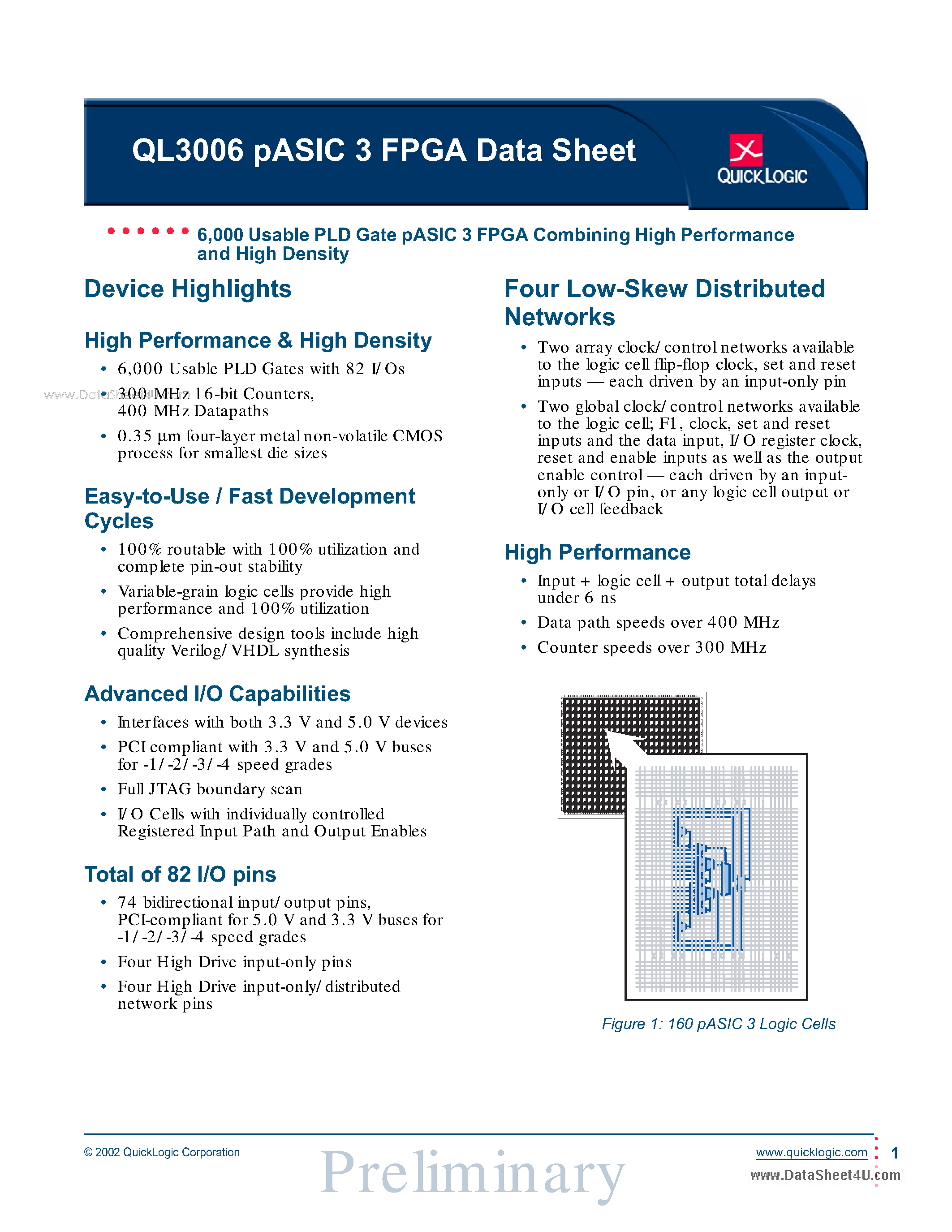 Datasheet QL3006 - PLD Gate pASIC 3 FPGA Combining High Performance and High Density page 1
