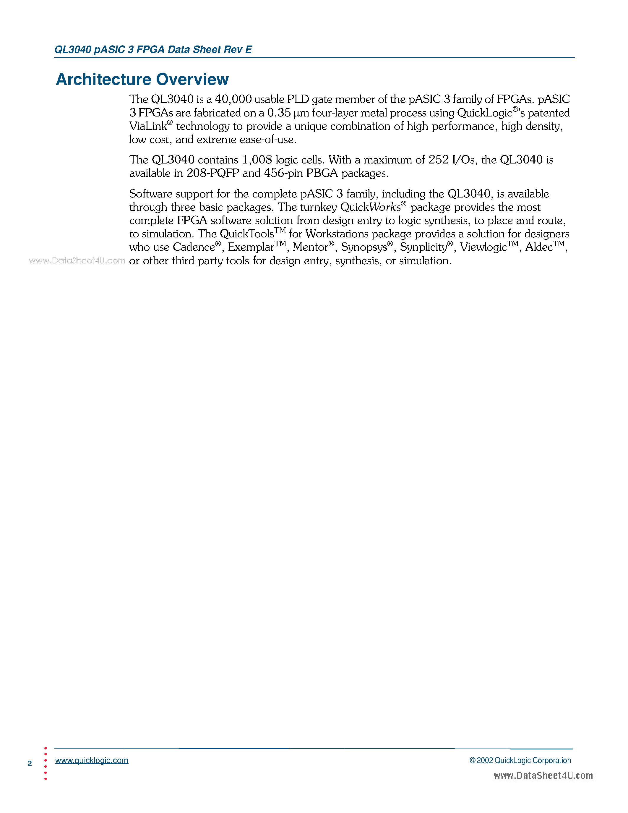 Datasheet QL3040 - PLD Gate pASIC 3 FPGA Combining High Performance and High Density page 2