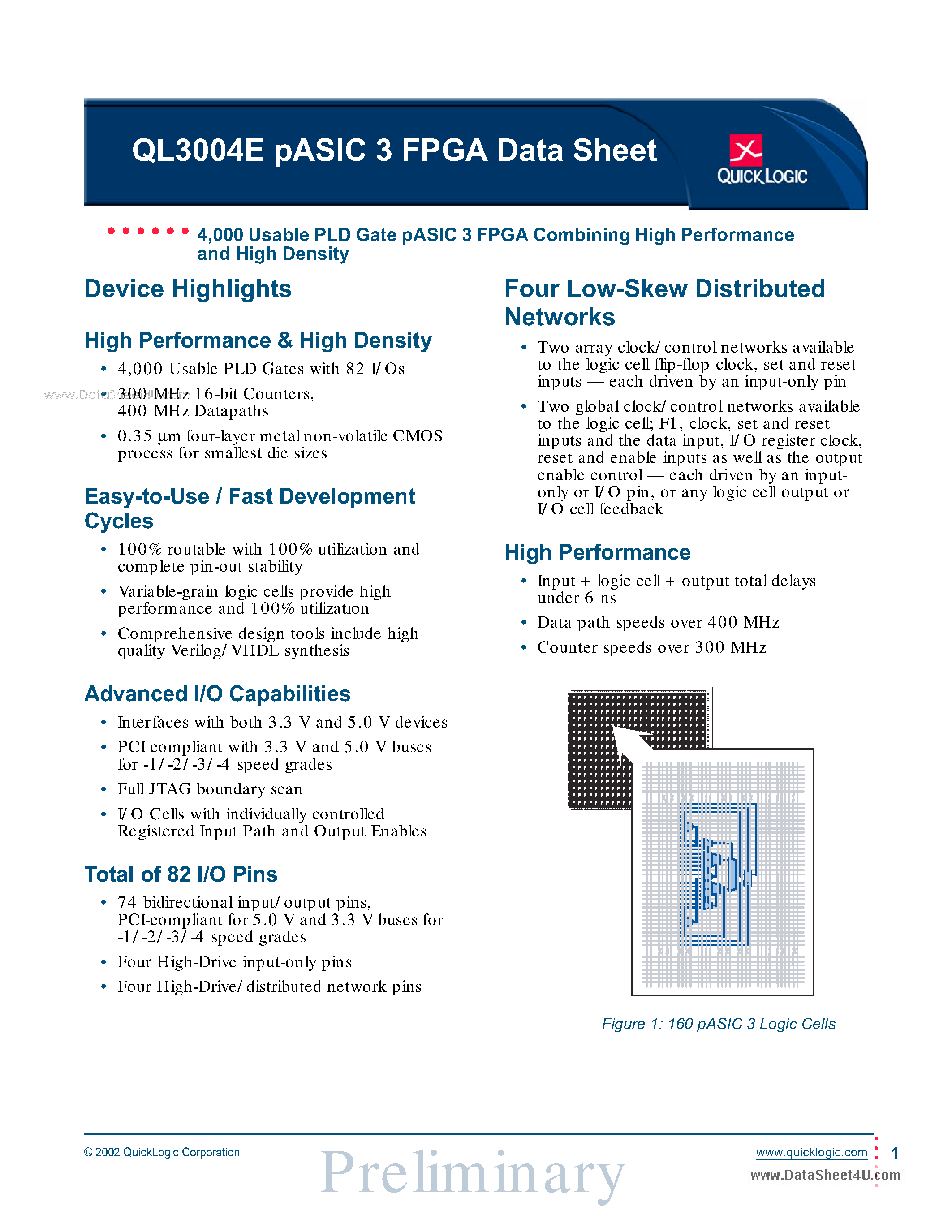 Datasheet QL3004E - PLD Gate pASIC 3 FPGA Combining High Performance and High Density page 1