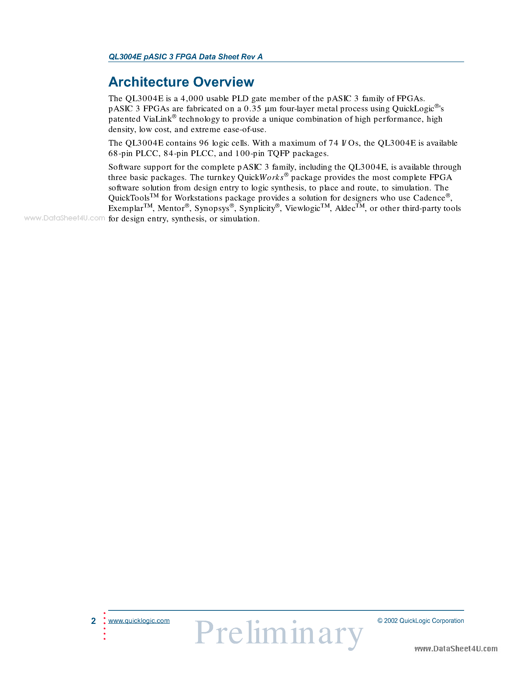Datasheet QL3004E - PLD Gate pASIC 3 FPGA Combining High Performance and High Density page 2