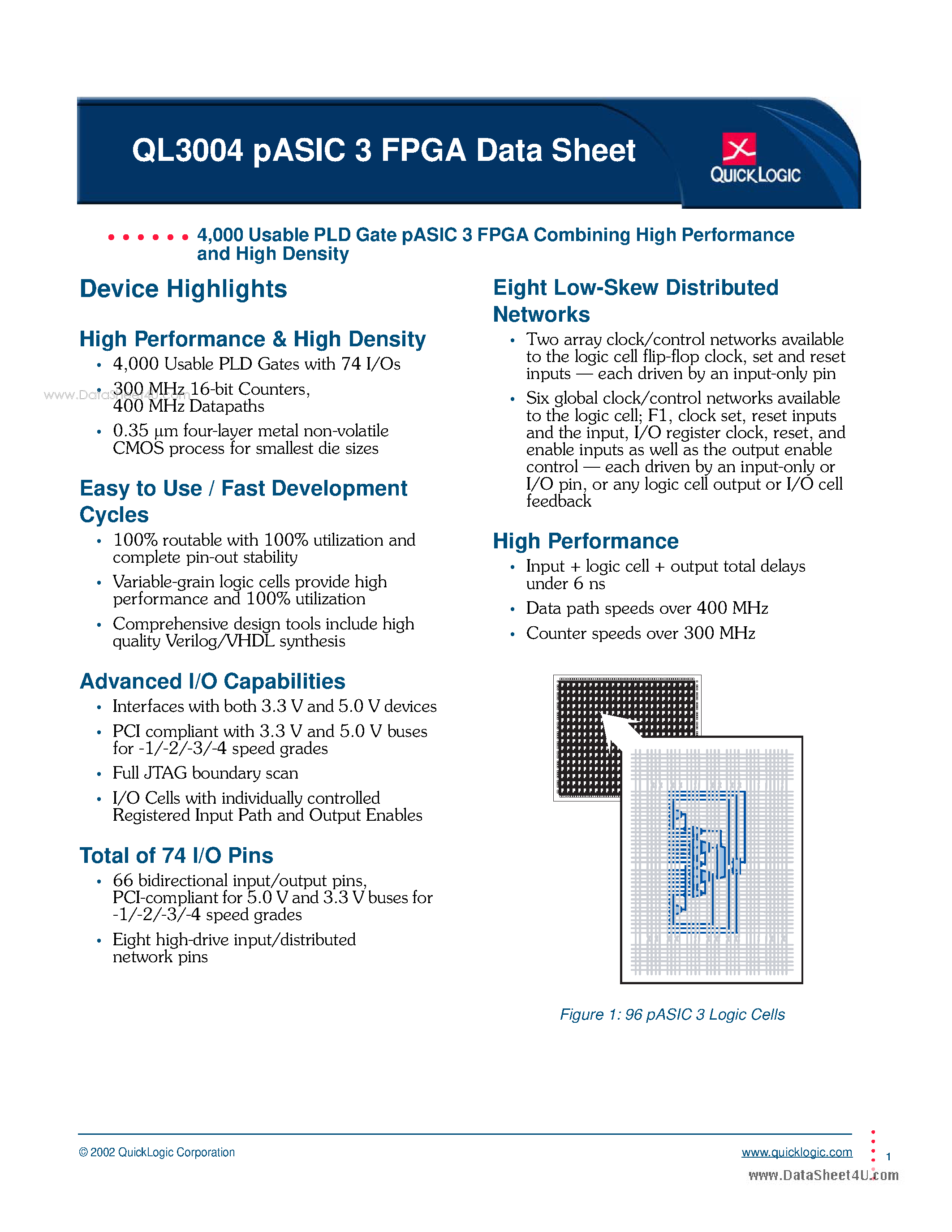 Datasheet QL3004 - PLD Gate pASIC 3 FPGA Combining High Performance and High Density page 1