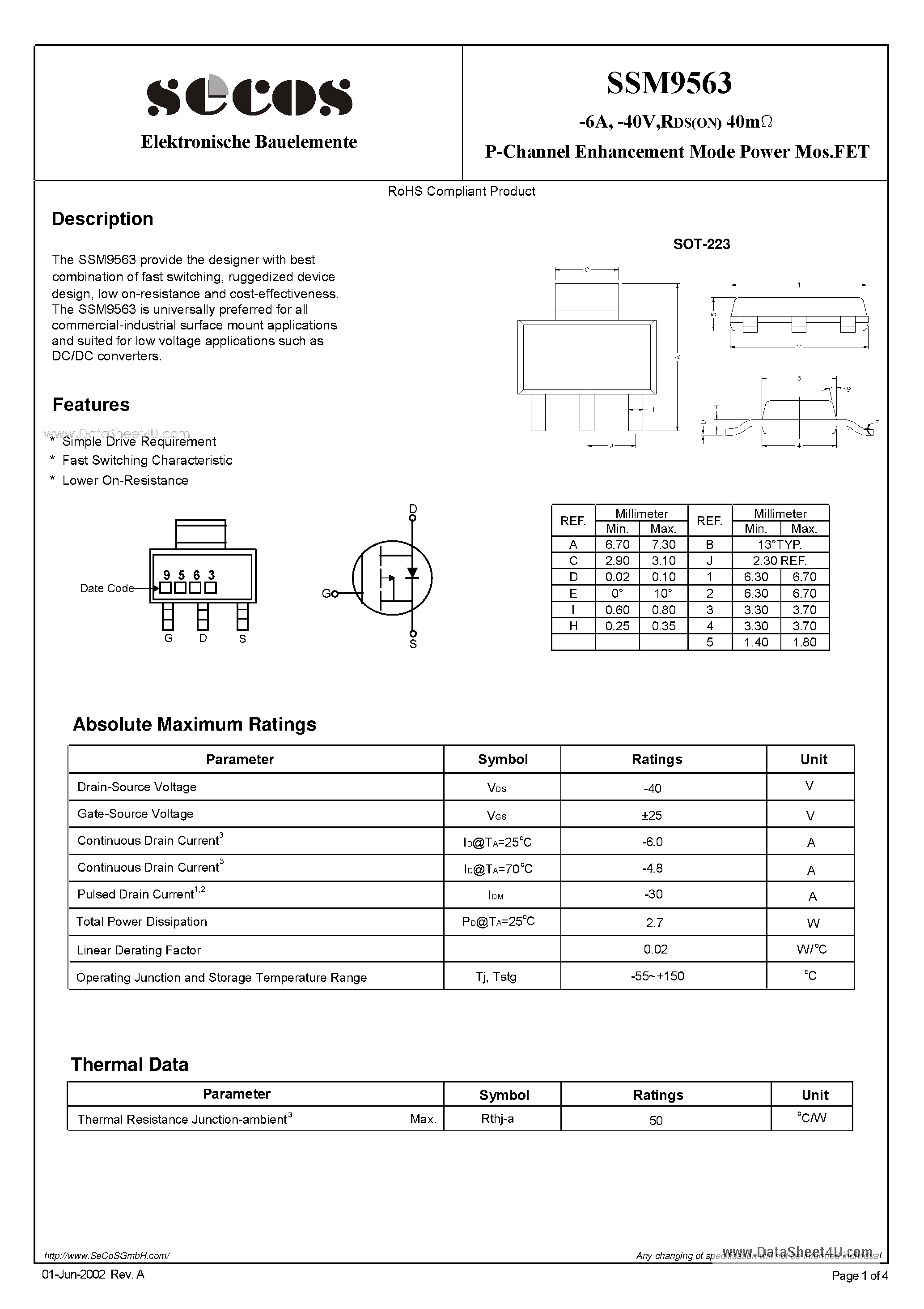Datasheet SSM9563 page 1 Datasheet SSM9563 - P-Channel Enhancement Mode Power Mos.FET page 1
