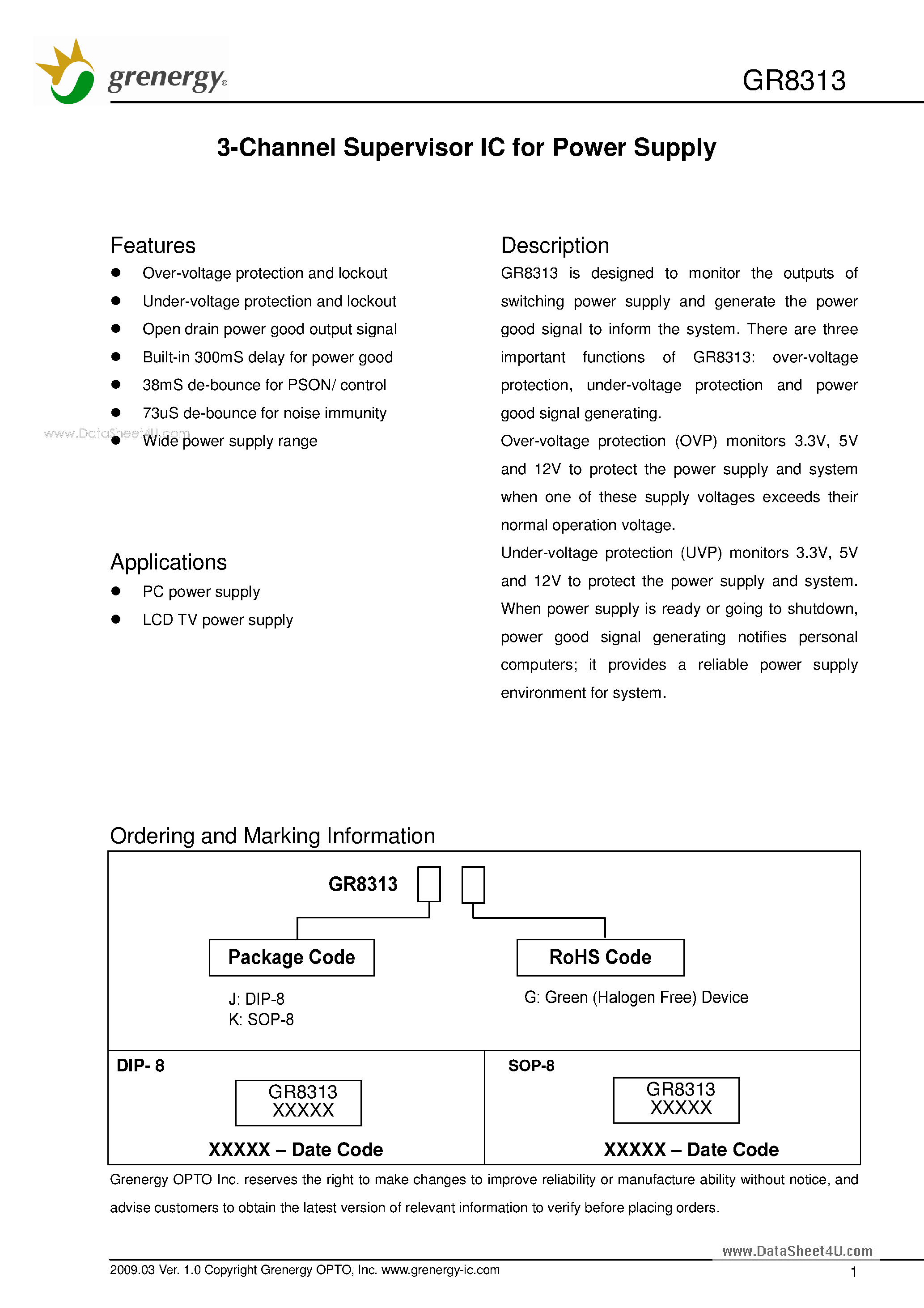 Даташит на микросхему GR8313 страница 1 Даташит GR8313 - 3-Channel Supervisor IC for Power Supply страница 1