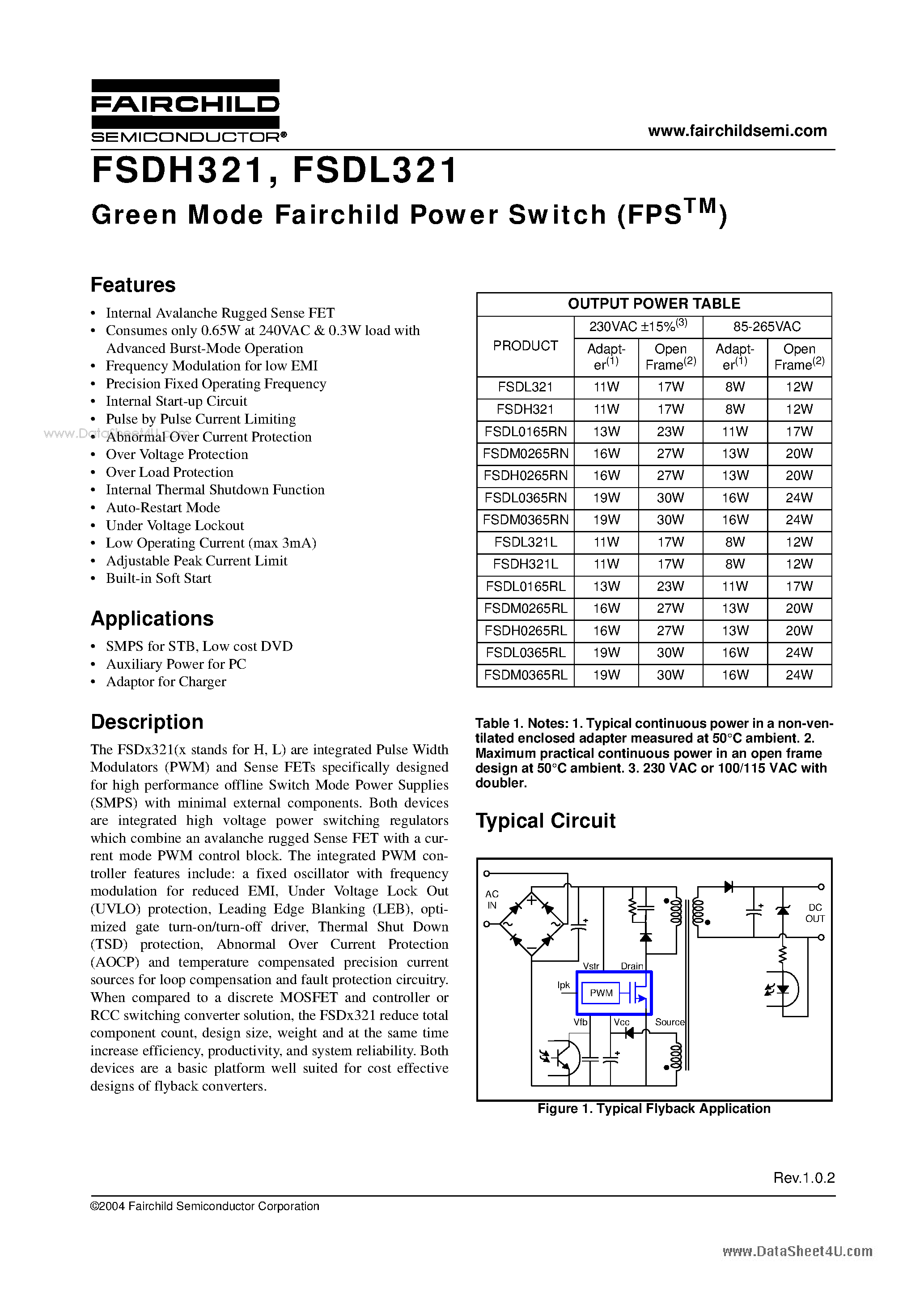 Даташит на микросхему FSHD321 страница 1 Даташит FSHD321 - Green Mode Fairchild Power Switch страница 1