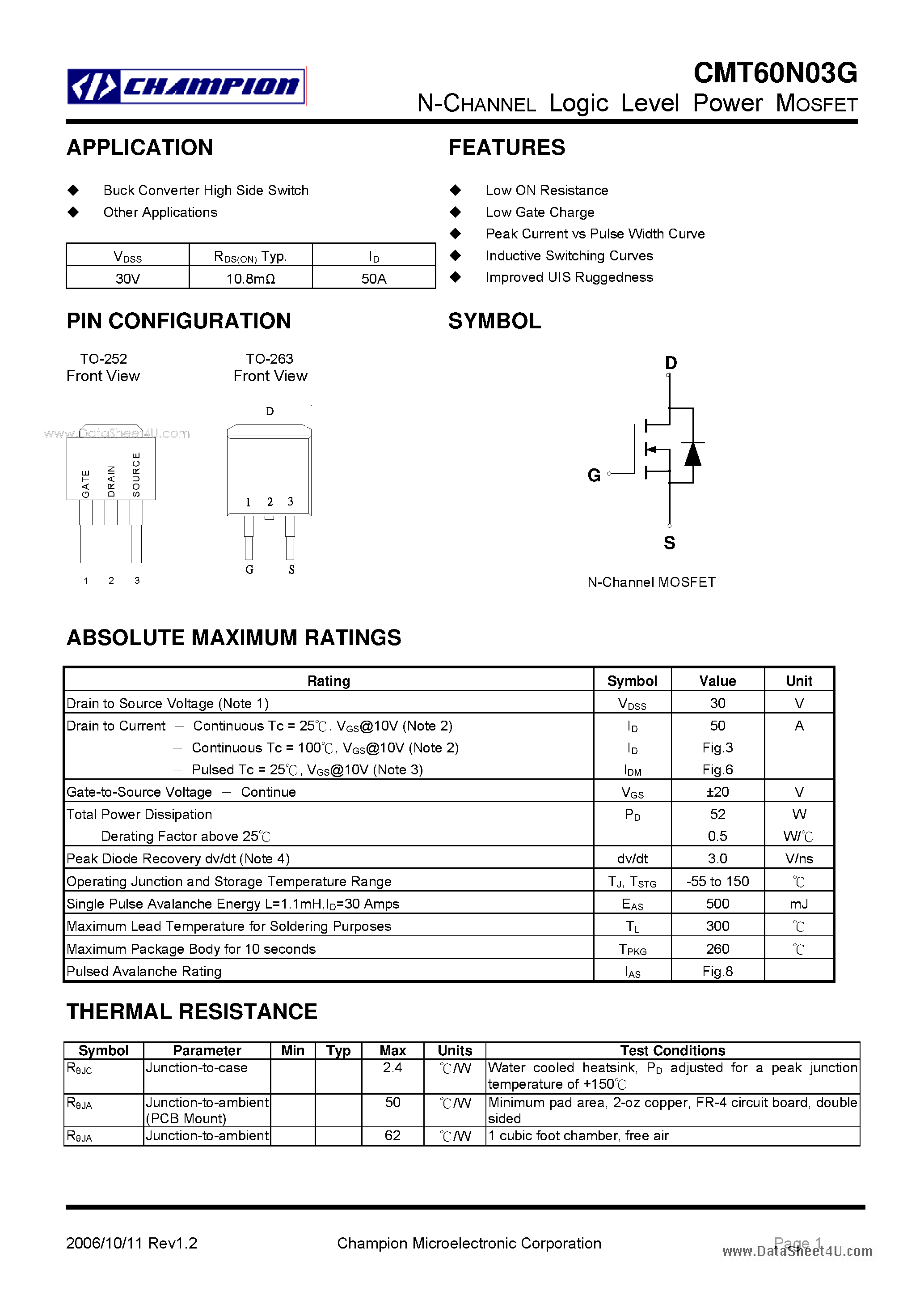 Datasheet CMT60N03G - N-CHANNEL Logic Level Power MOSFET page 1