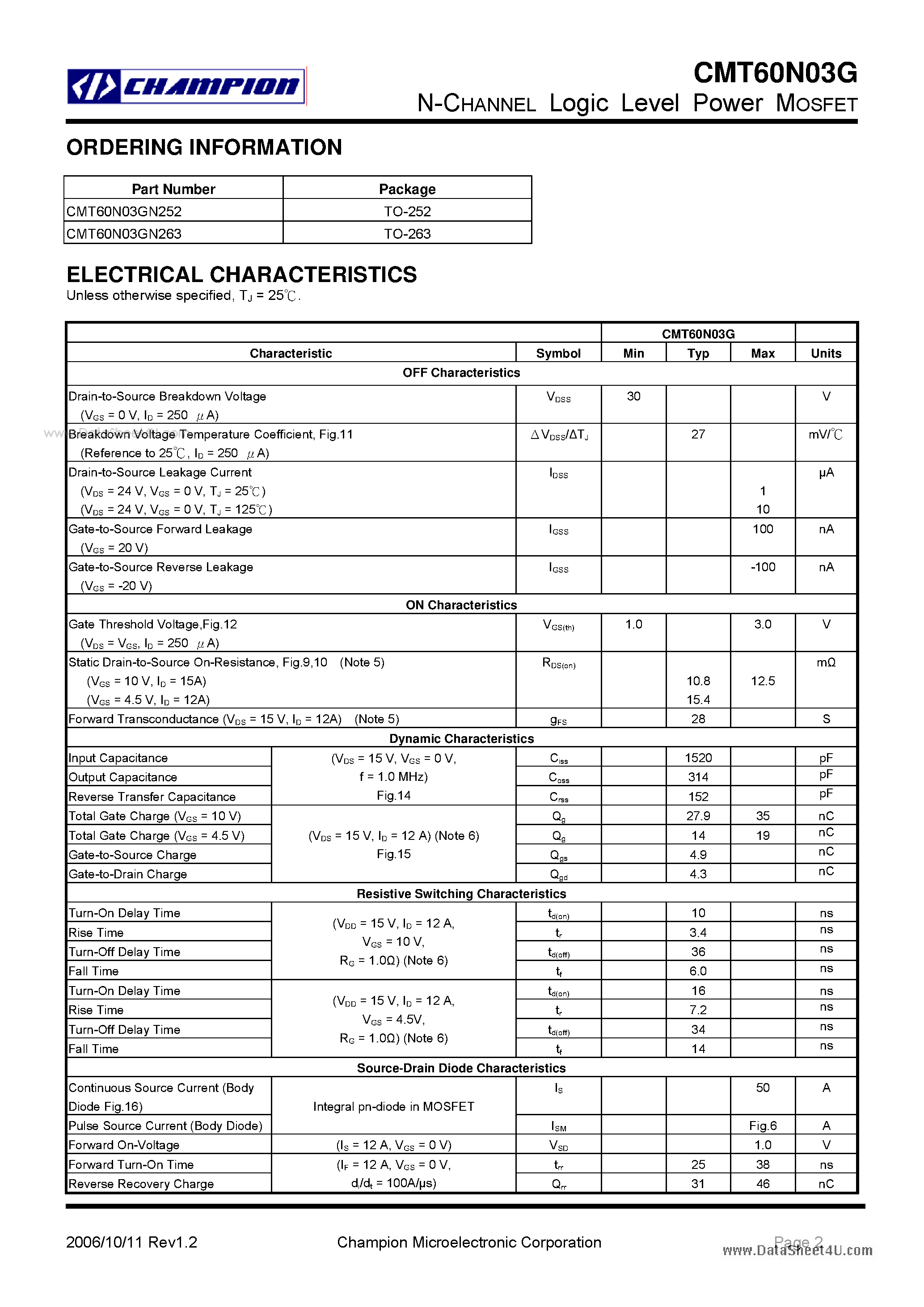 Datasheet CMT60N03G - N-CHANNEL Logic Level Power MOSFET page 2