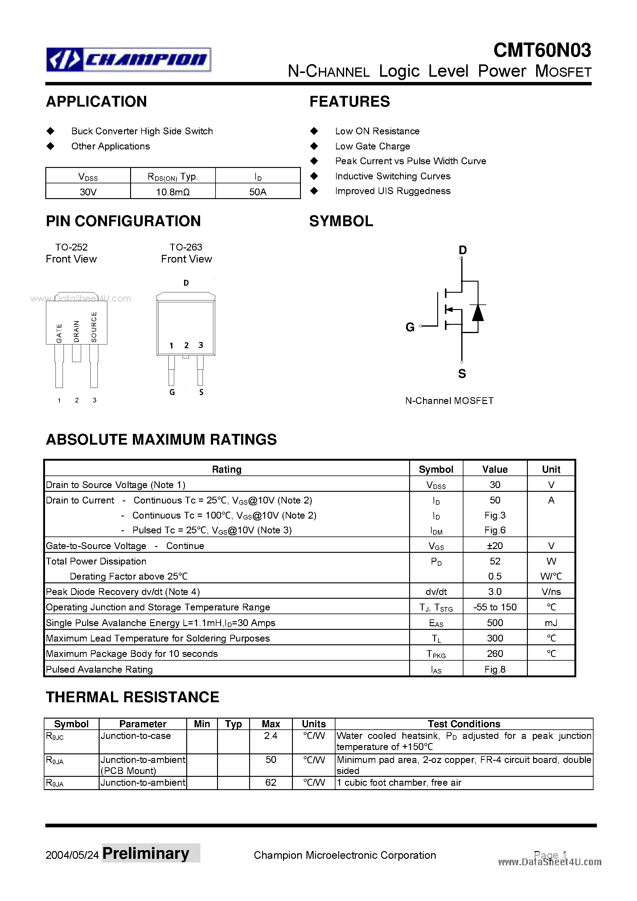 Datasheet CMT60N03 - N-CHANNEL Logic Level Power MOSFET page 1