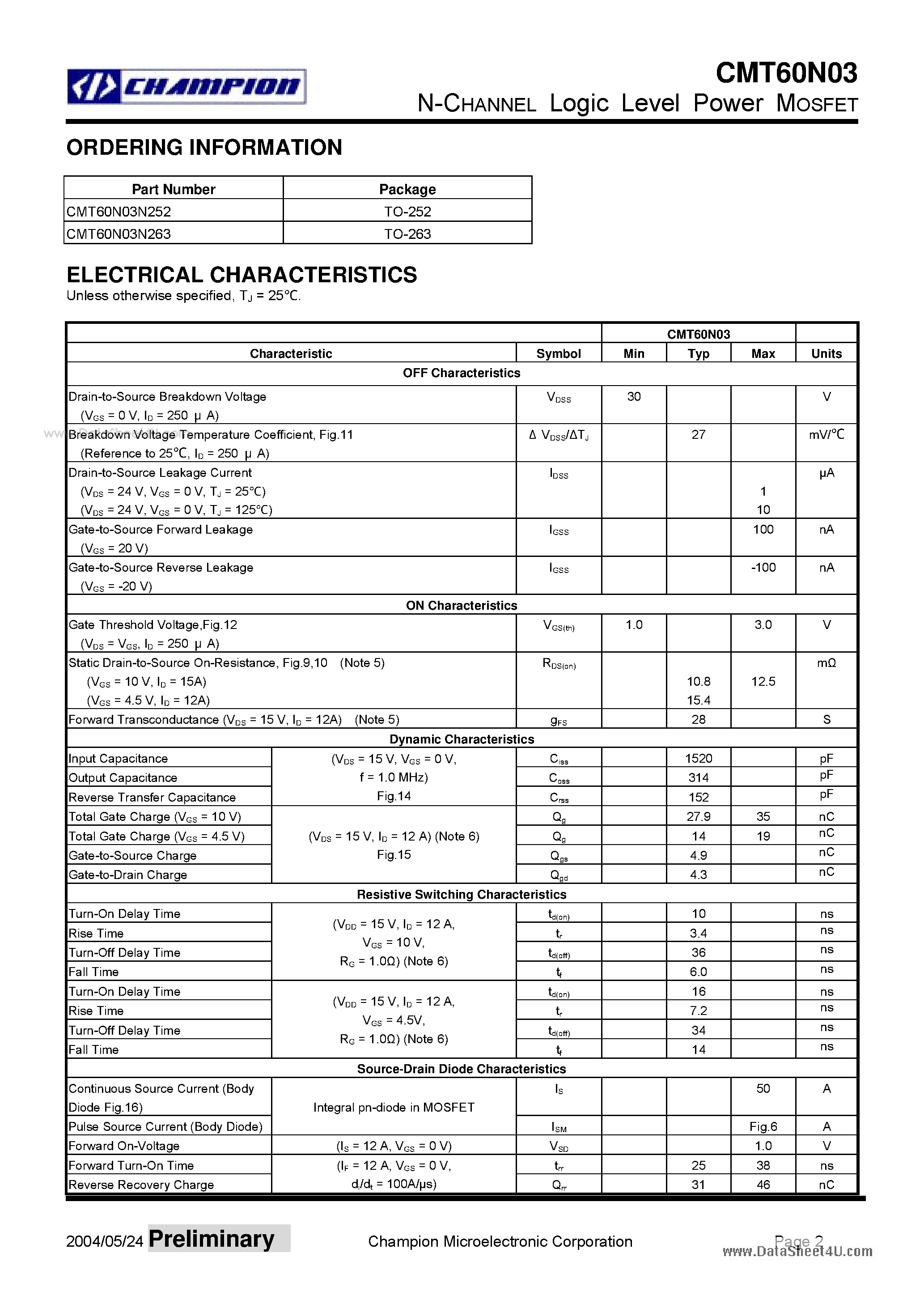 Datasheet CMT60N03 - N-CHANNEL Logic Level Power MOSFET page 2